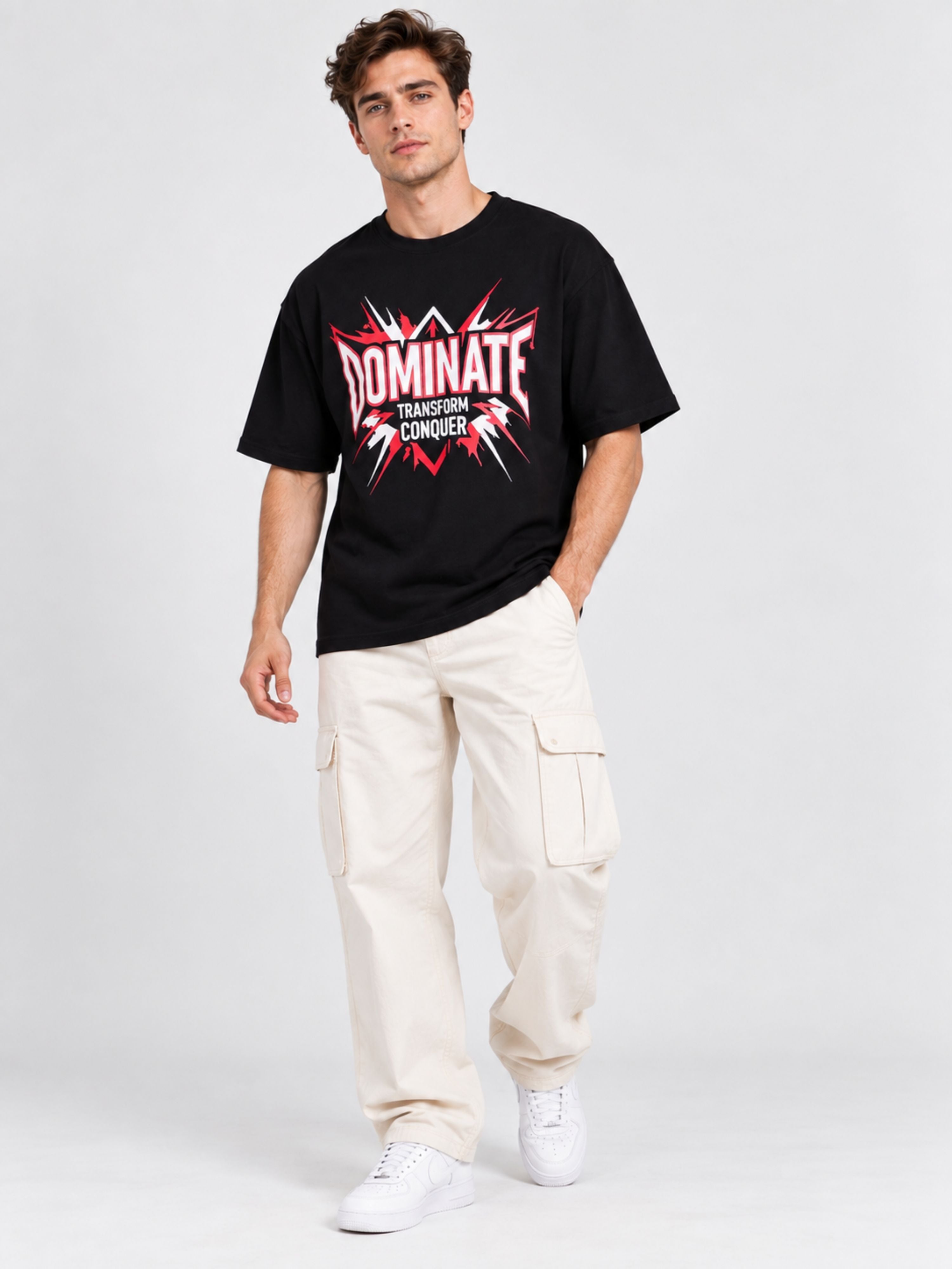 Black oversized fit Gym Enthusiast T-shirt For Men with graphic text Dominate worn by male model