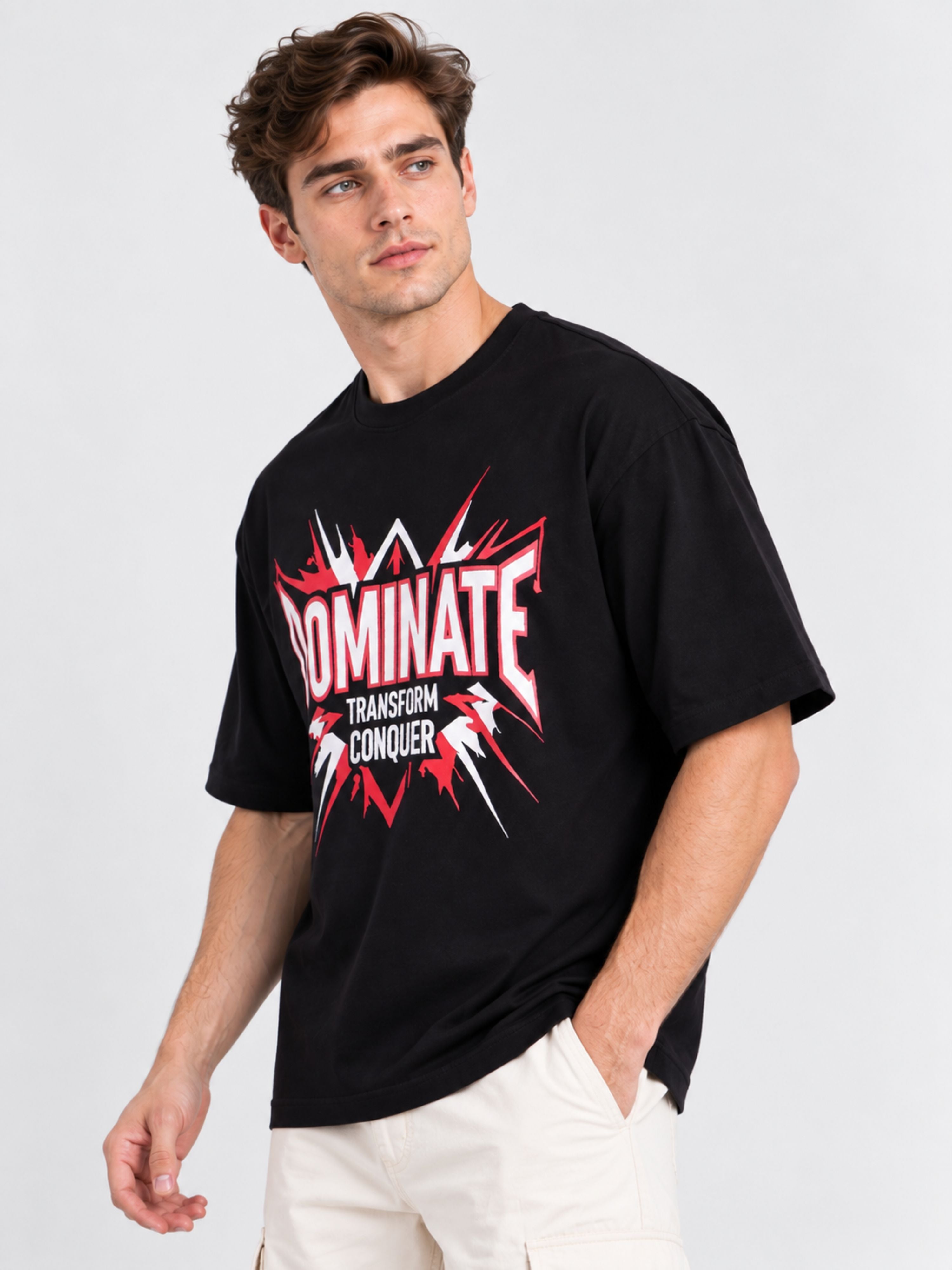 Oversized fit Gym Enthusiast T-shirt For Men in black with bold Dominate graphic by Bandar Baant Collections