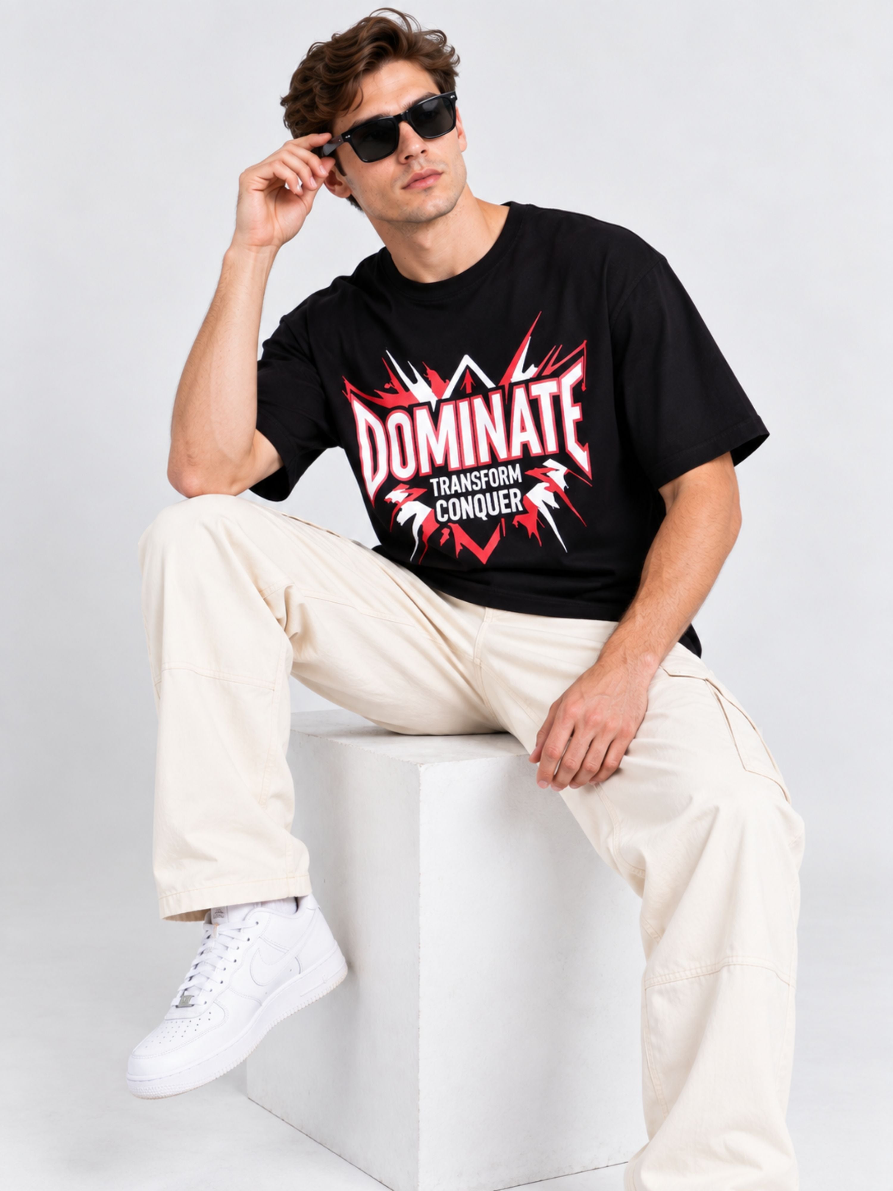 Gym Enthusiast T-shirt For Men oversized fit black tshirt with dominate graphic worn by man in sunglasses