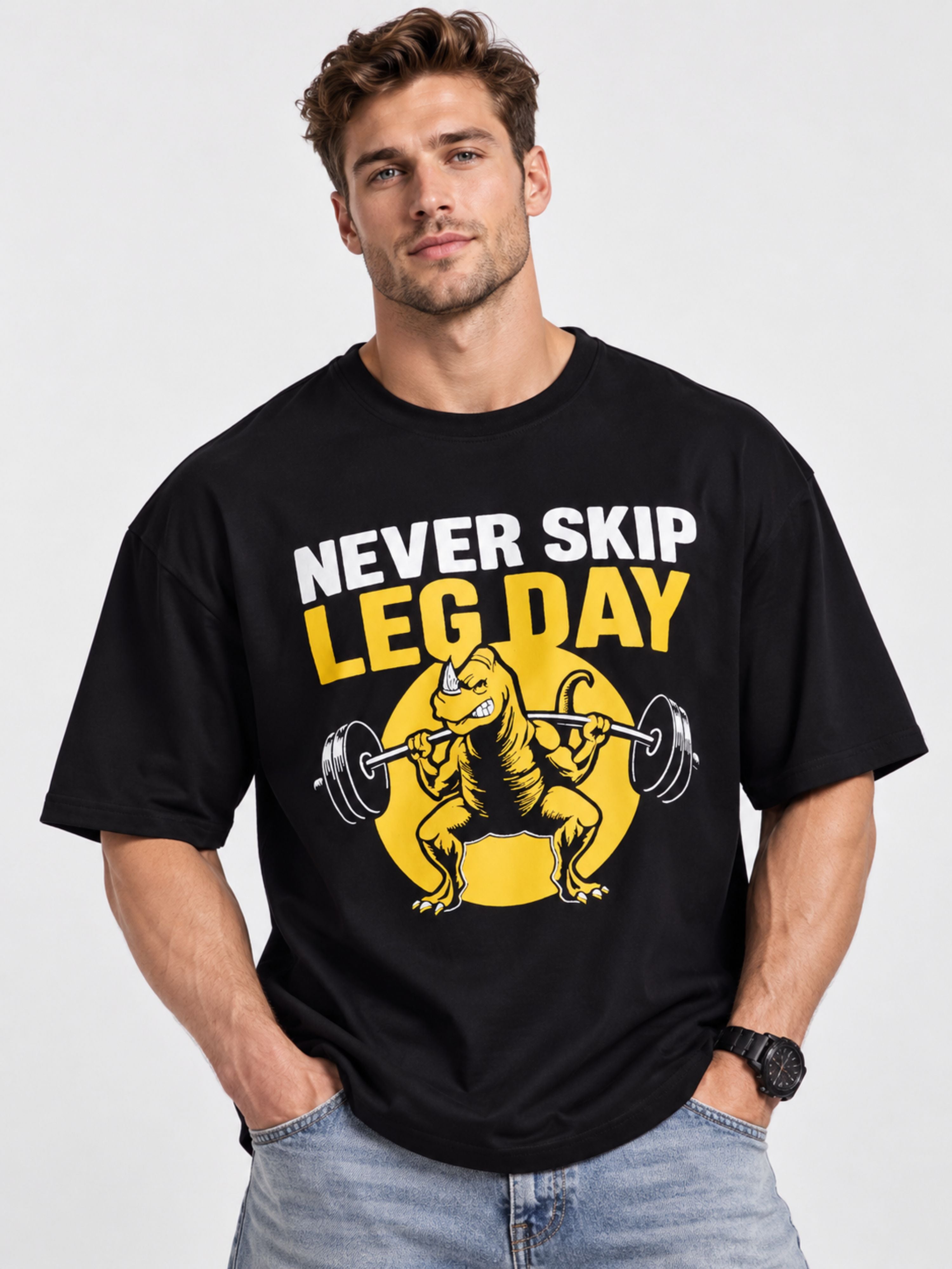 Bandar Baant Collections Oversized fit Tshirt Gym Enthusiast Trendy T-shirt For Men with Never Skip Leg Day design