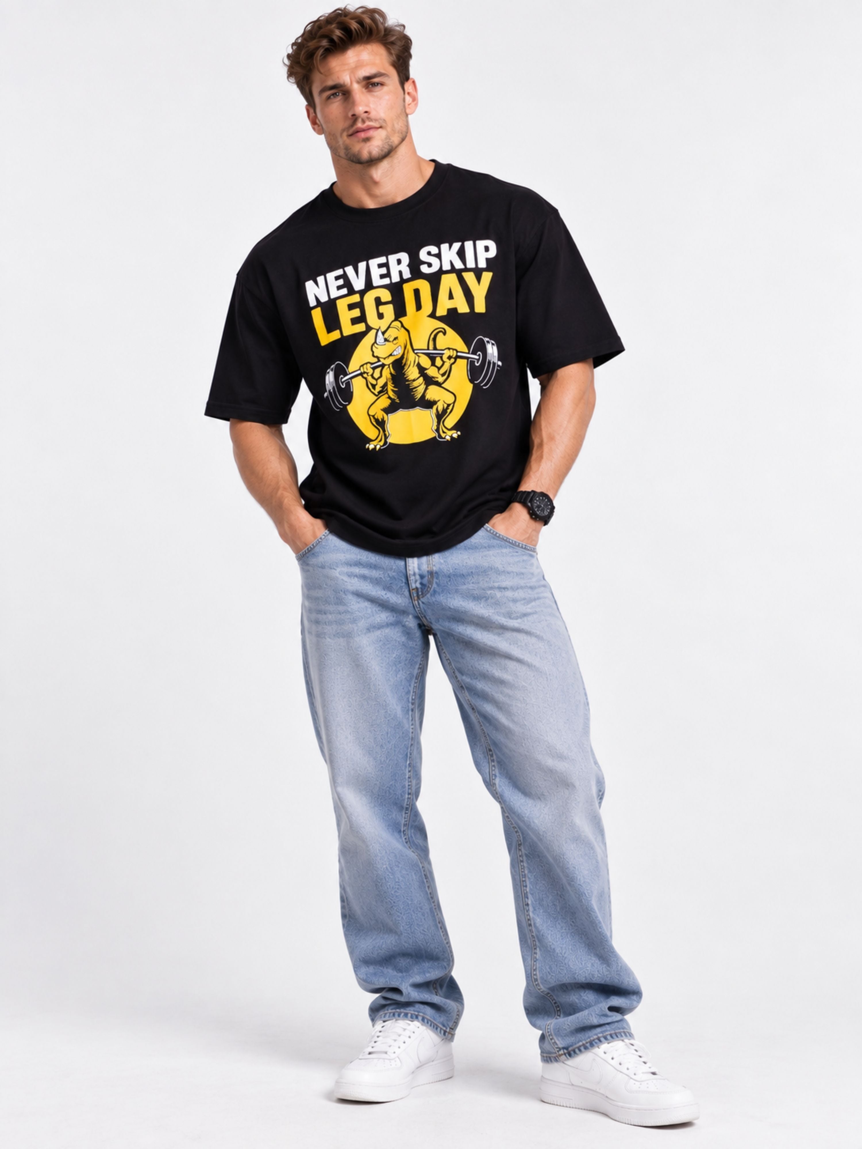 Bandar Baant Collections oversized fit Gym Enthusiast Trendy T-shirt For Men with Never Skip Leg Day graphic