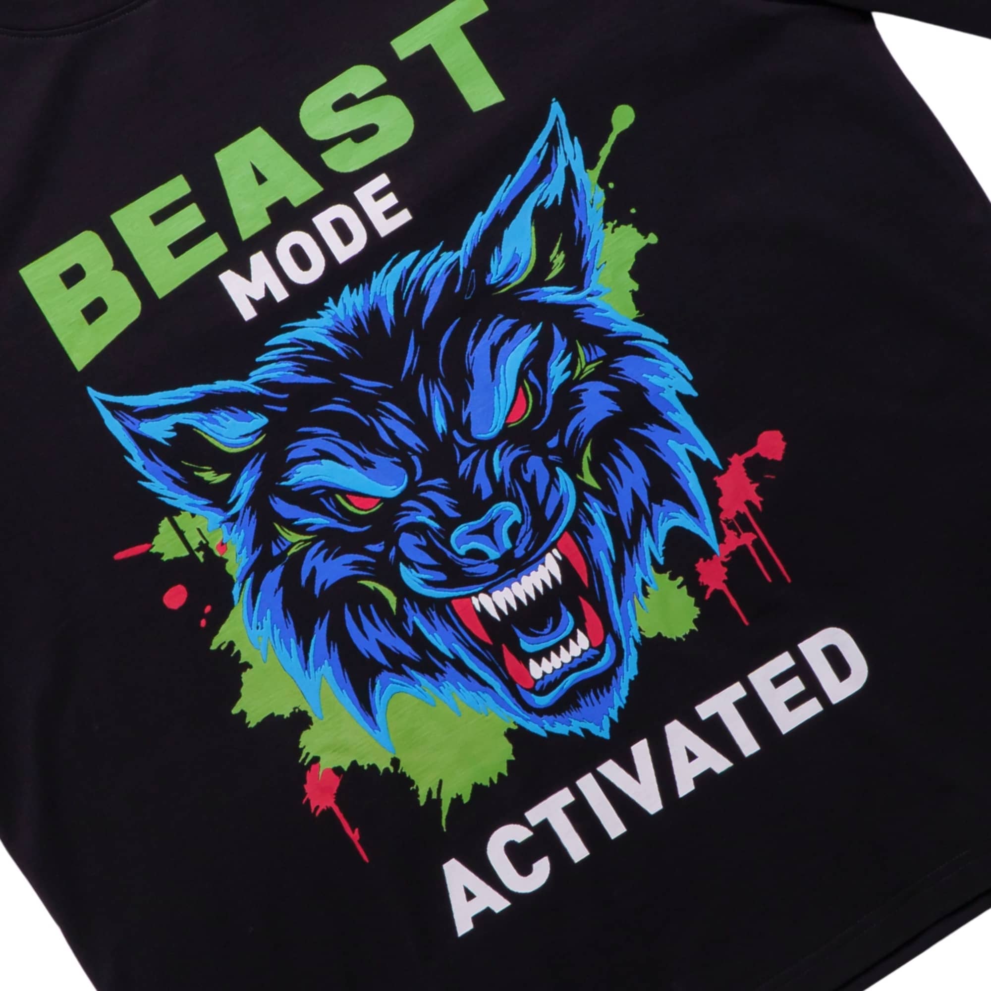 Gym Enthusiast Trendy T-shirt For Men oversized fit black tee with blue wolf graphic and beast mode text