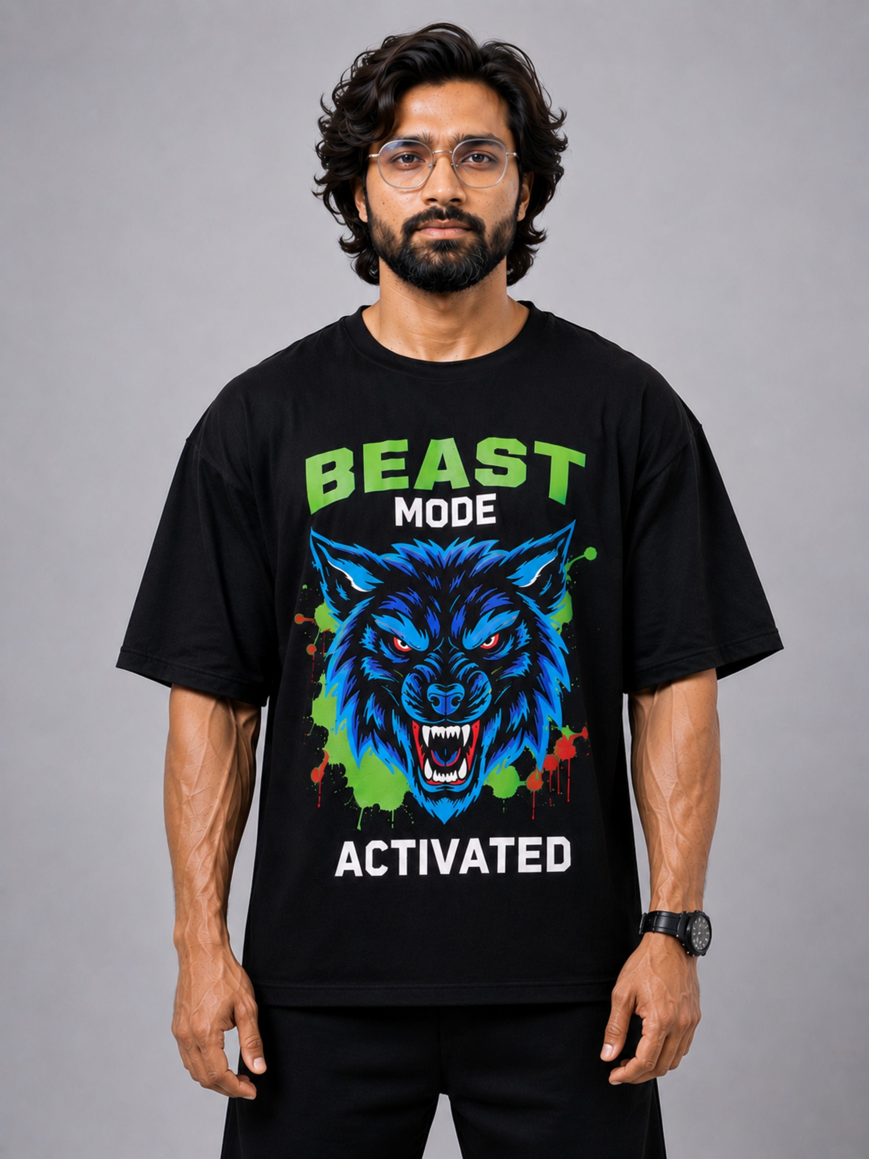 Gym Enthusiast Trendy T-shirt For Men oversized fit black tshirt with beast mode activated wolf graphic
