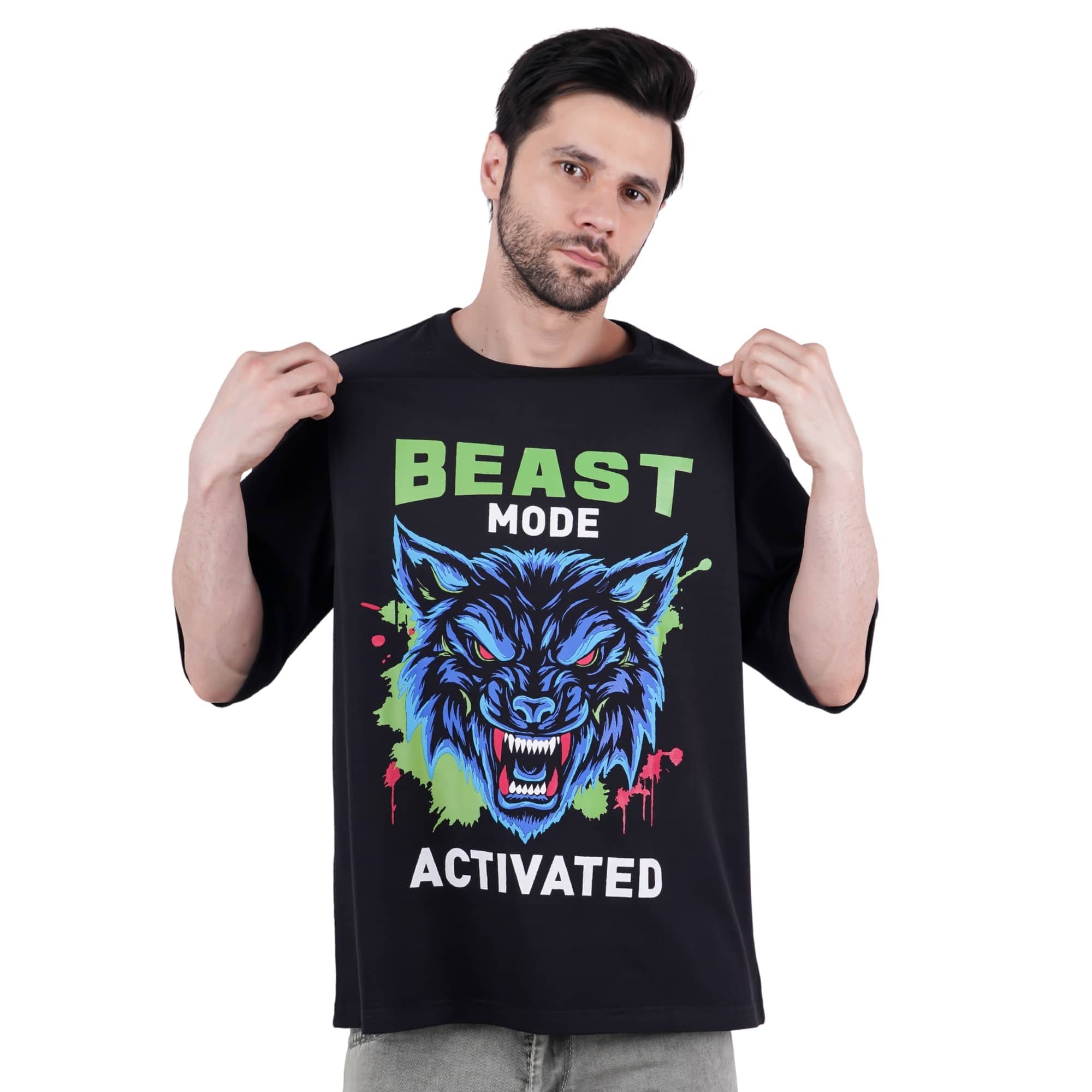 Gym Enthusiast Trendy T-shirt For Men oversized fit black tshirt with beast mode activated wolf graphic