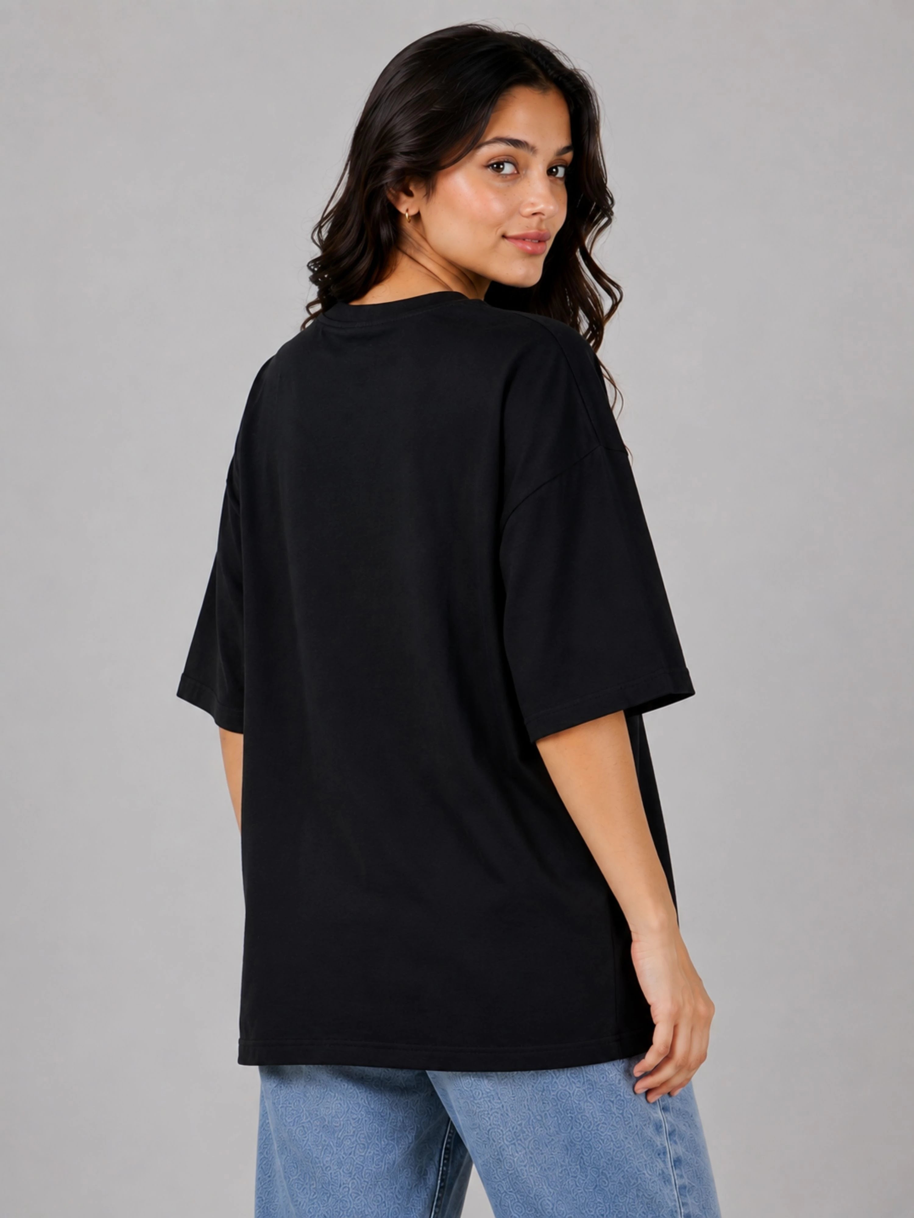 Black oversized fit Gym Enthusiast Trendy T-shirt For Women by Bandar Baant Collections worn by model