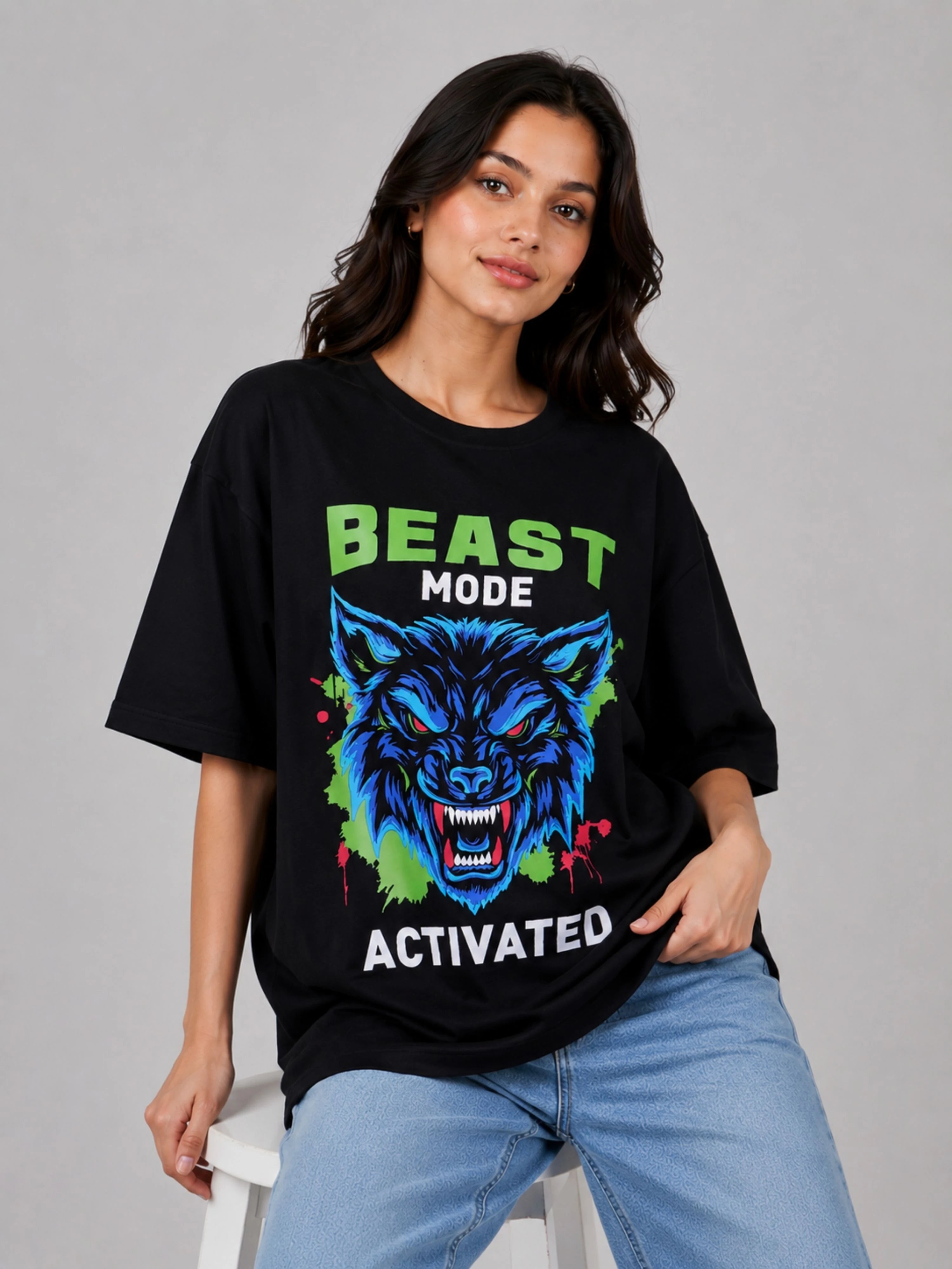 Bandar Baant Collections oversized fit Tshirt black with beast graphic for Gym Enthusiast Trendy T-shirt For Women