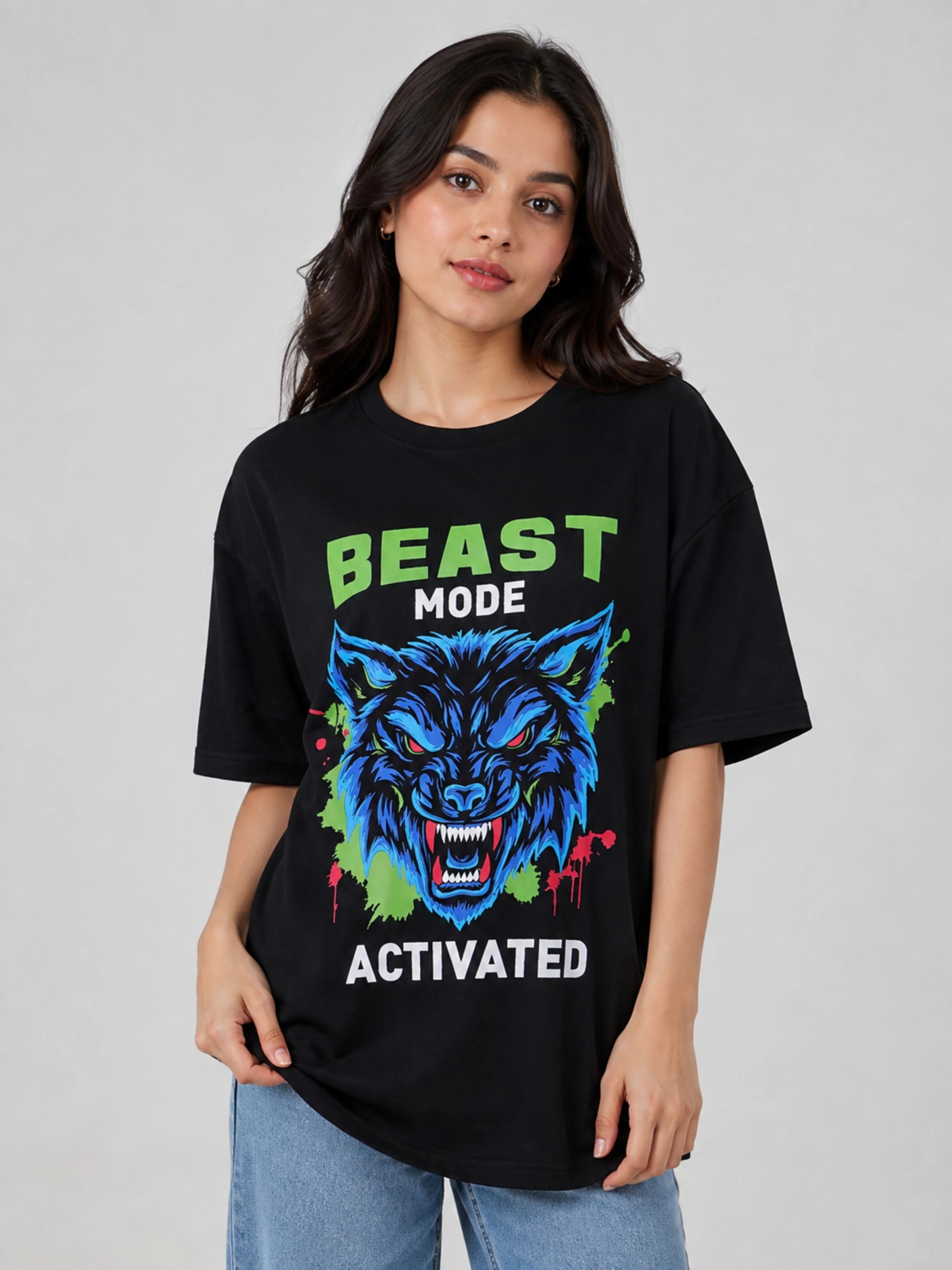 Gym Enthusiast Trendy T-shirt For Women oversized fit black tshirt with beast mode wolf design