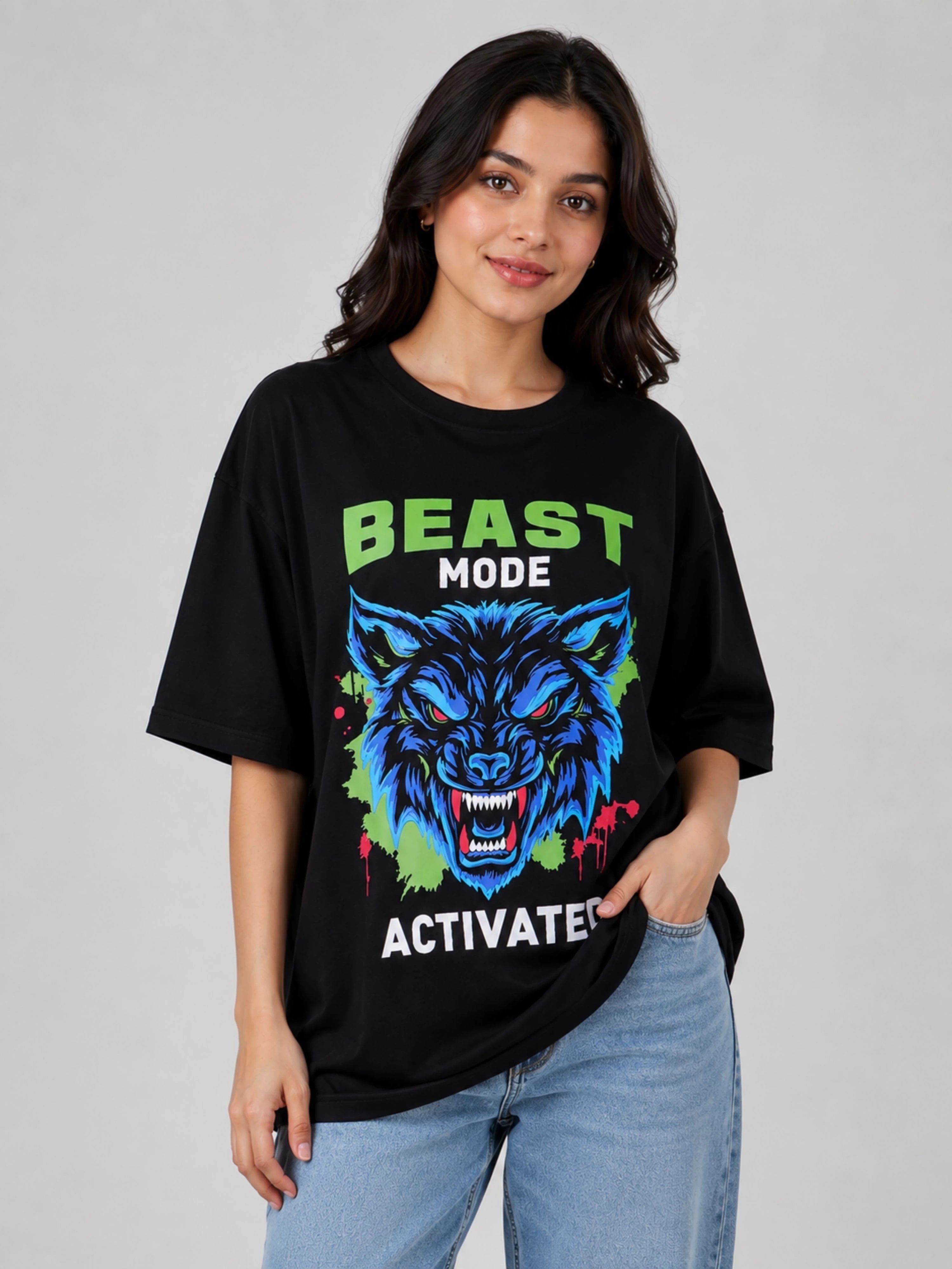 Oversized fit black Gym Enthusiast Trendy T-shirt For Women with beast mode graphic from Bandar Baant Collections