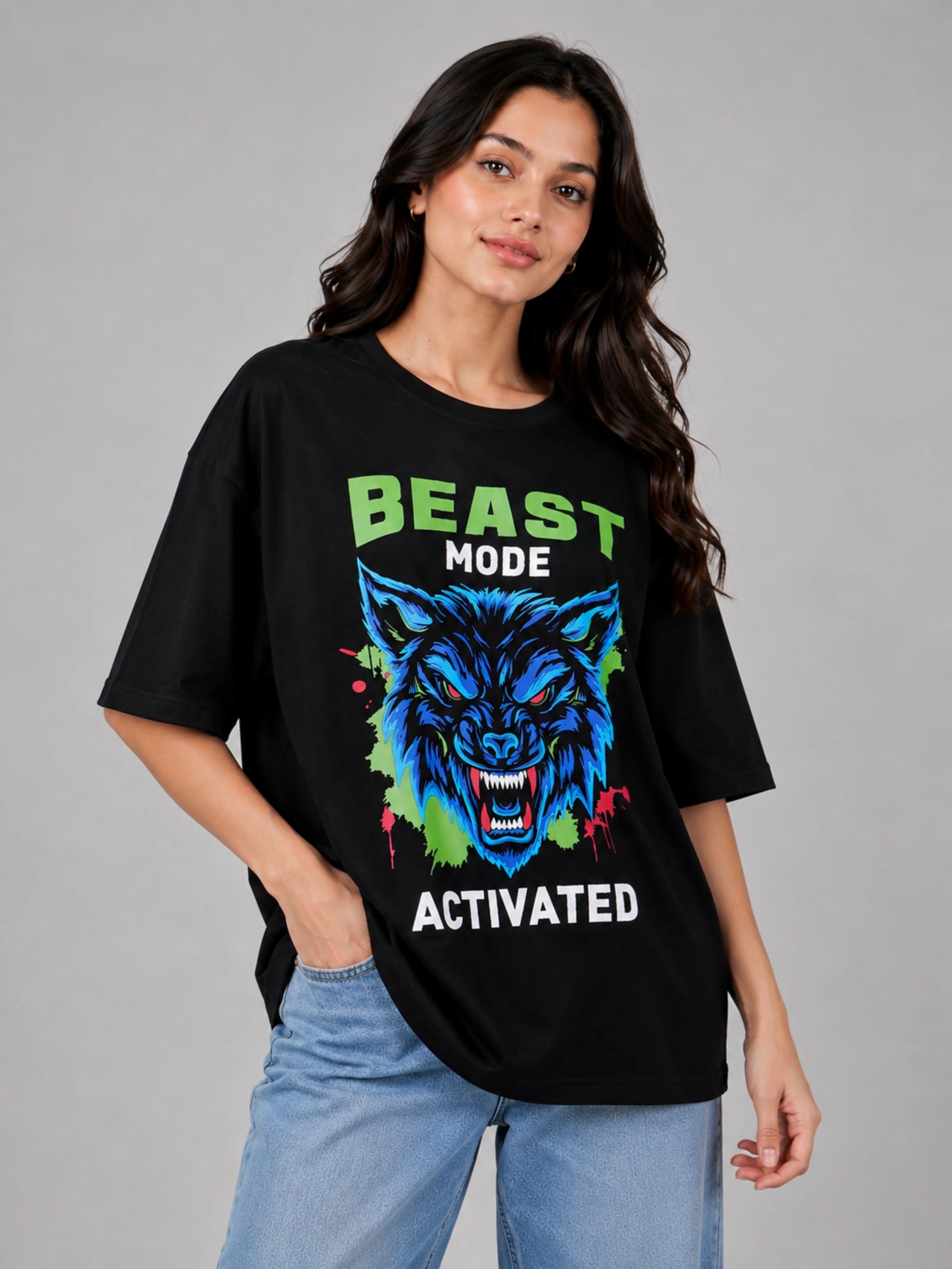 Oversized fit black Tshirt with colorful beast graphic from Bandar Baant Collections Gym Enthusiast Trendy T-shirt For Women