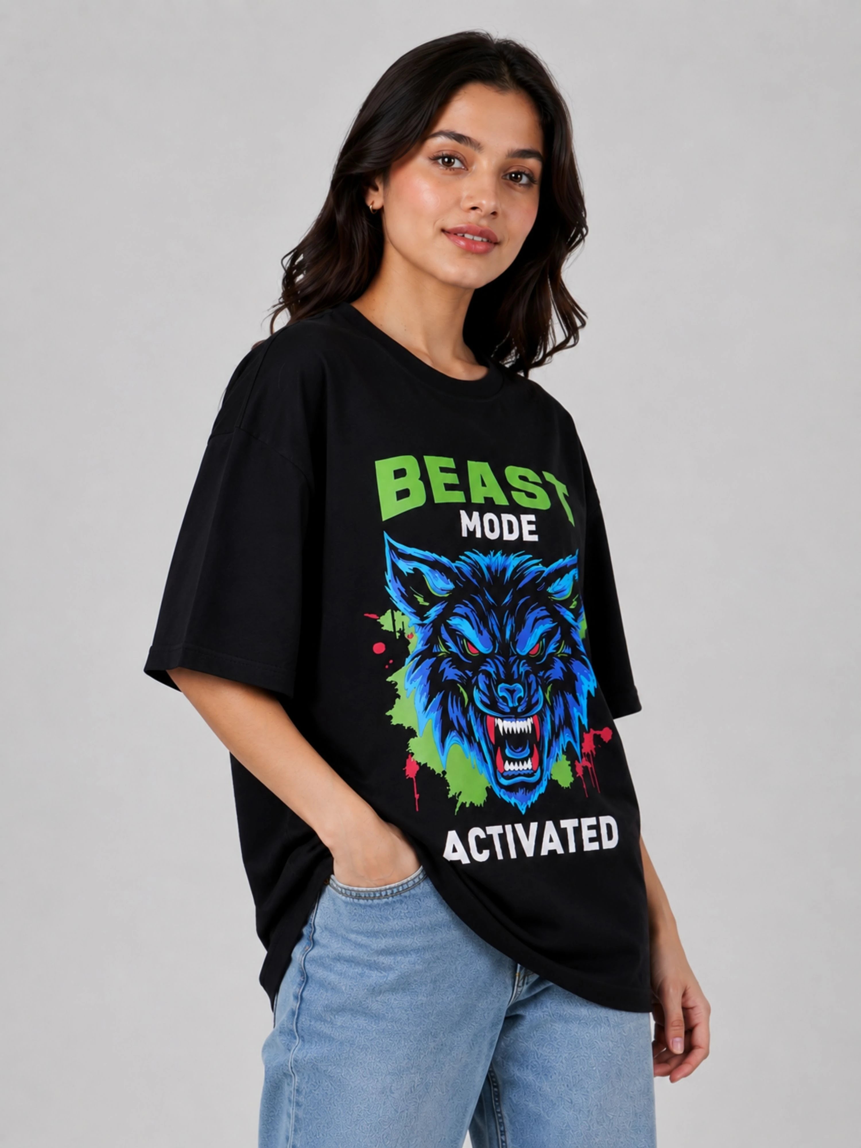 Gym Enthusiast Trendy T-shirt For Women oversized fit black tee with Beast Mode Activated graphic