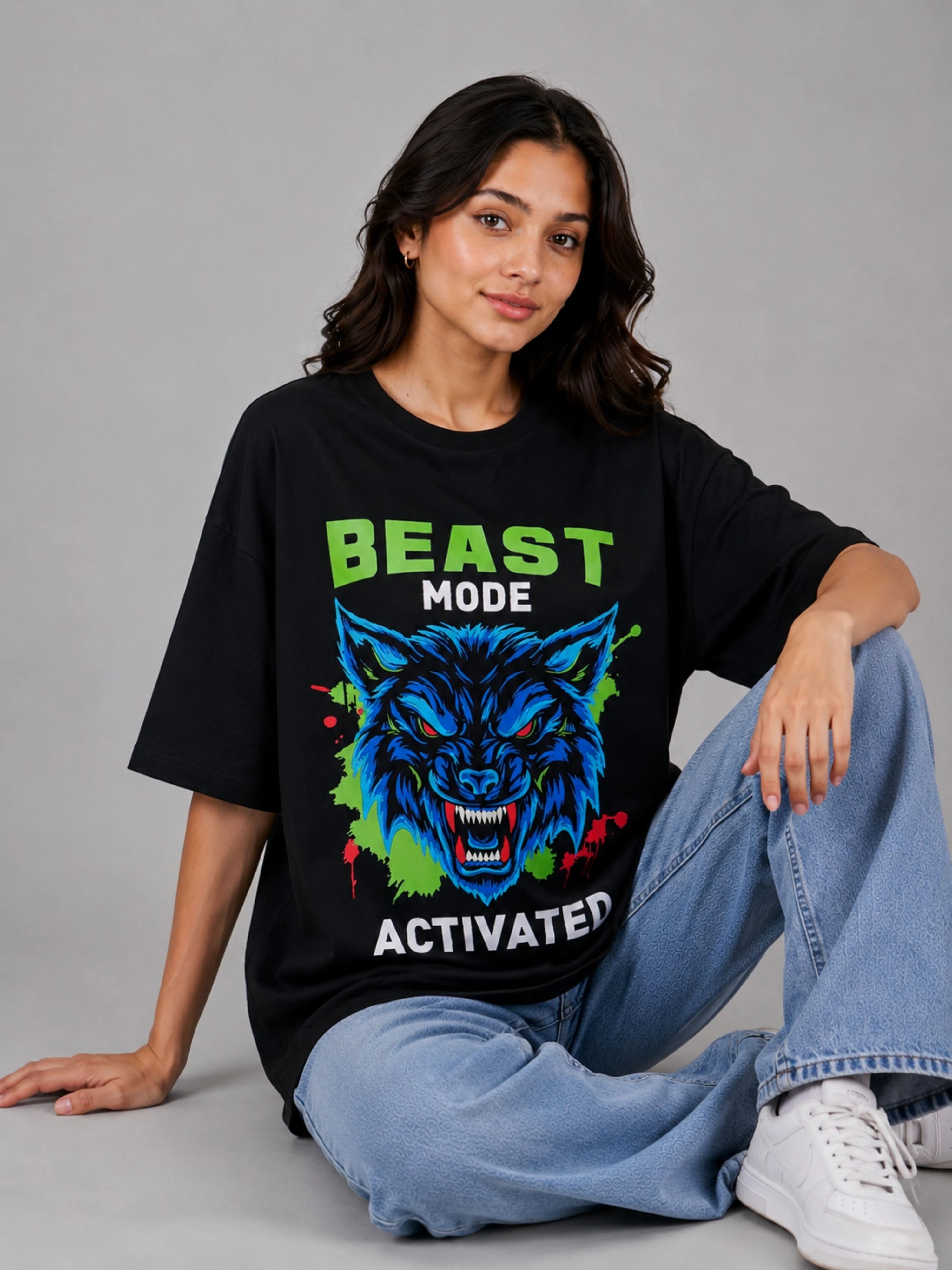 Gym Enthusiast Trendy T-shirt For Women oversized fit black tee with colorful beast mode graphic