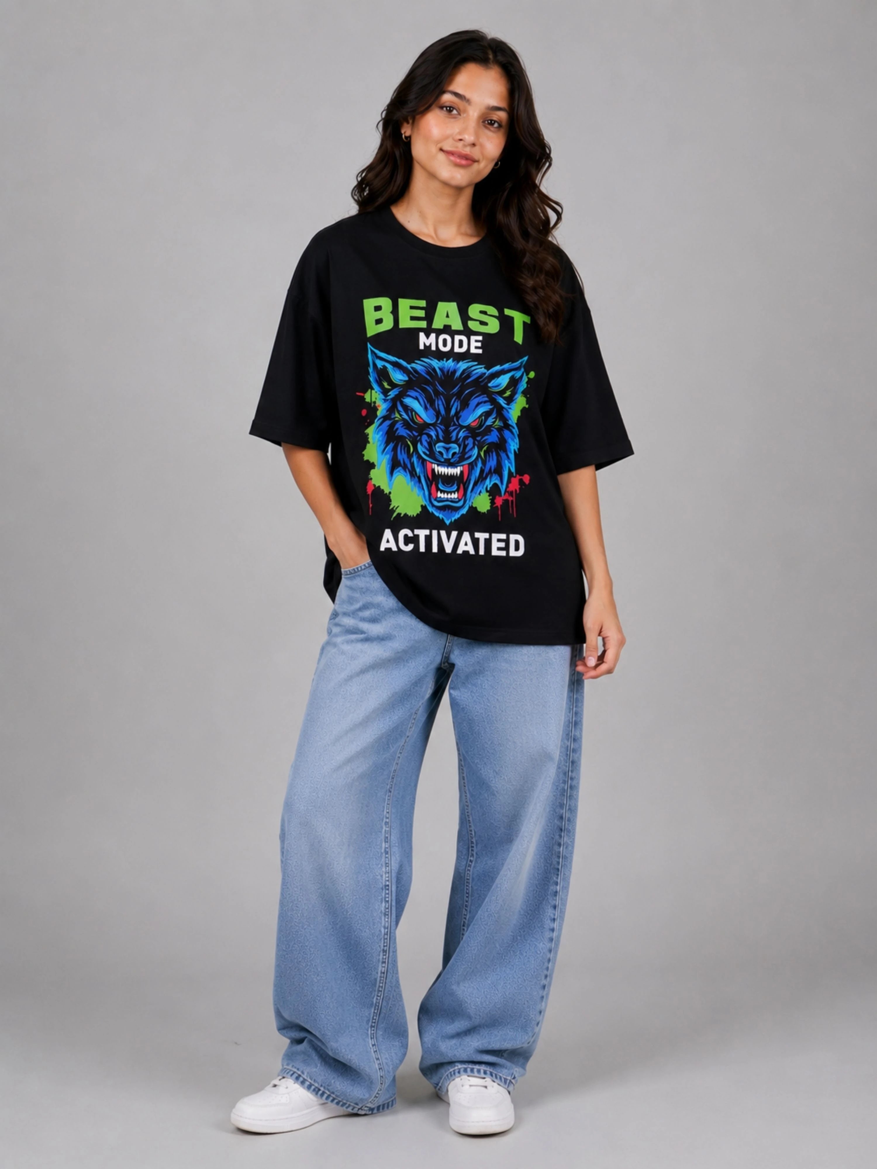 Gym Enthusiast Trendy T-shirt For Women black oversized fit Tshirt with colorful beast graphic design