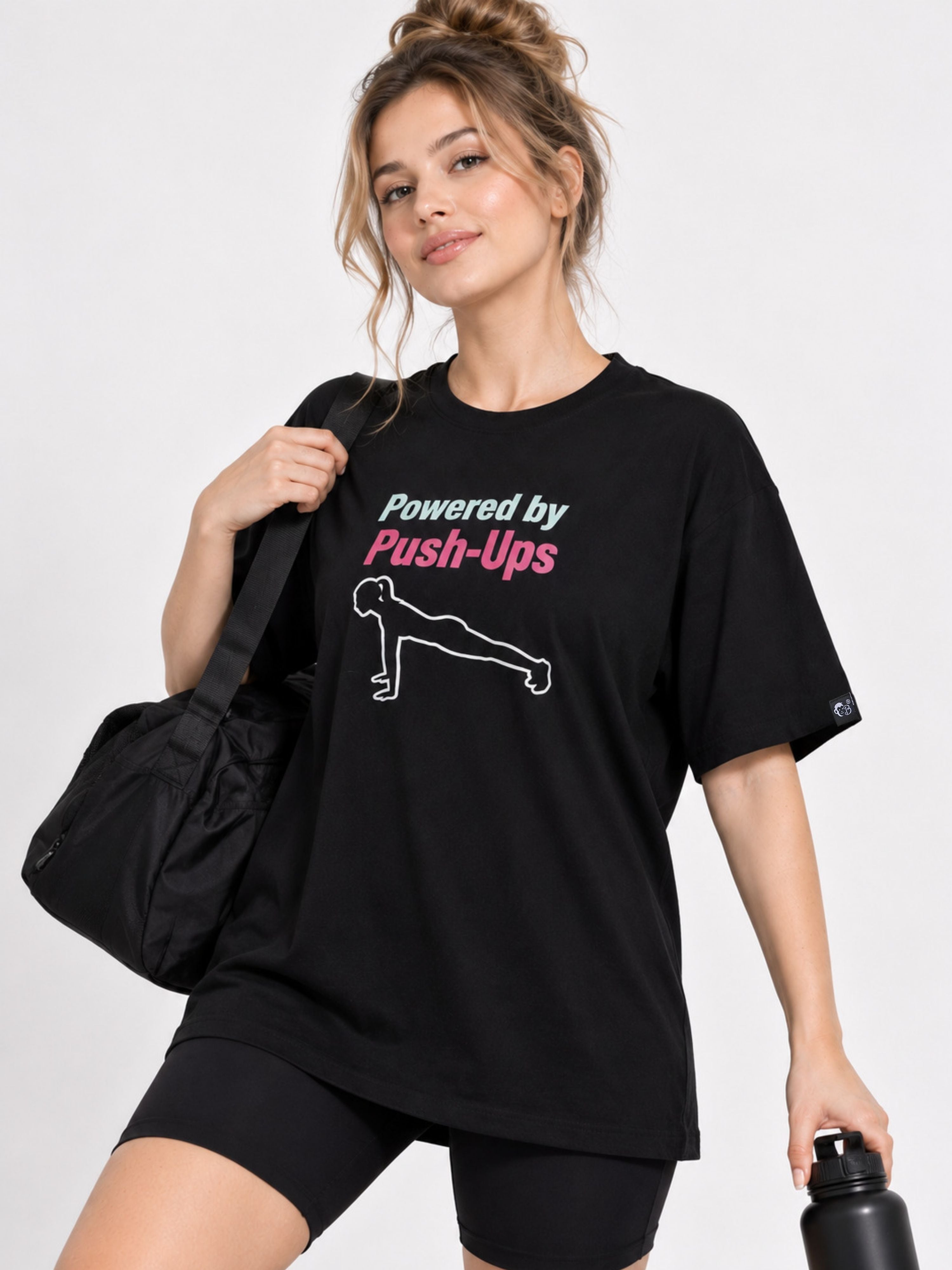 Bandar Baant Collections oversized fit black Tshirt with push-up graphic Gym Enthusiast Trendy T-shirt For Women