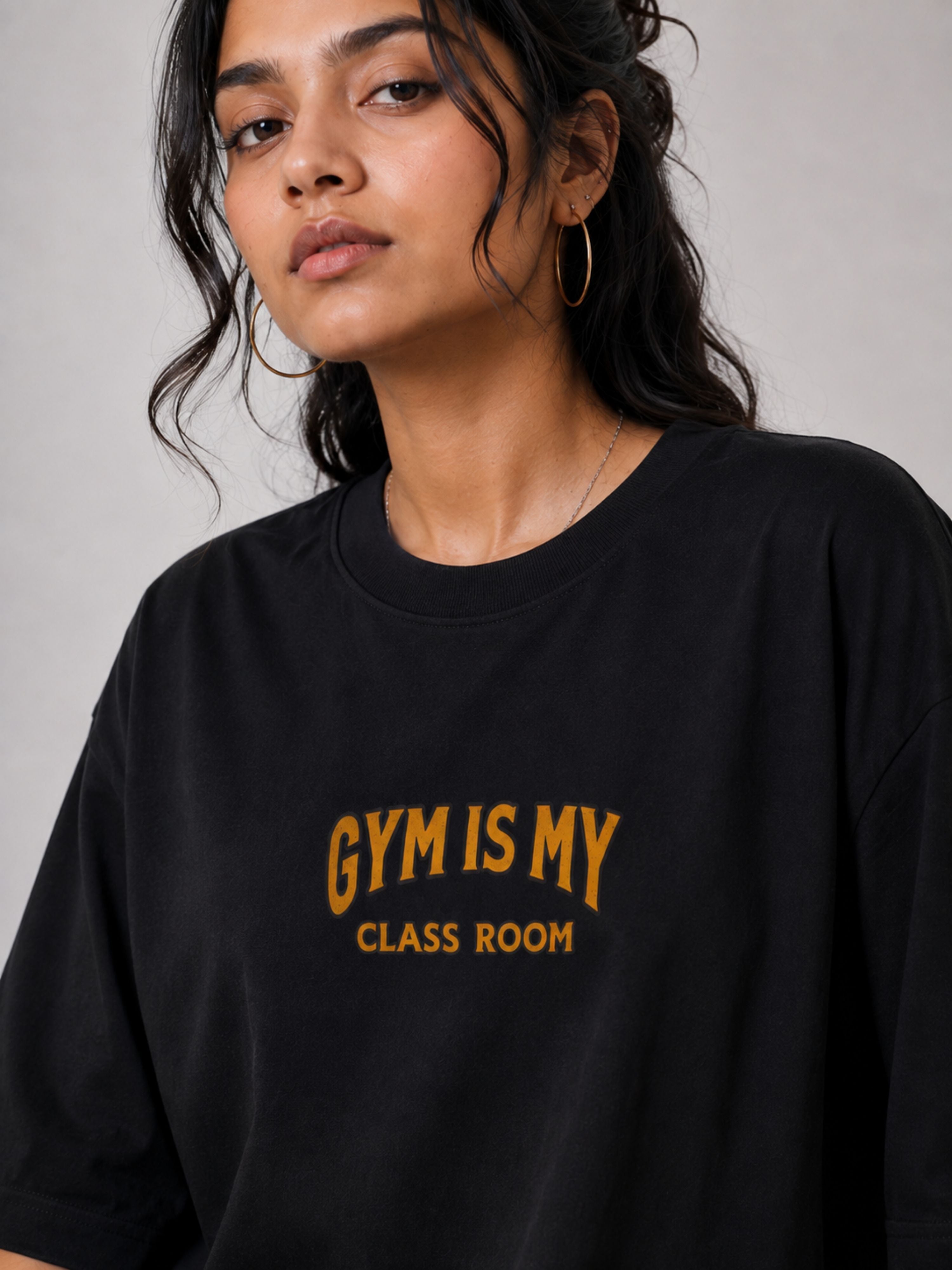 Black oversized fit Gym T-shirt For Women with gym is my classroom text from Bandar Baant Collections
