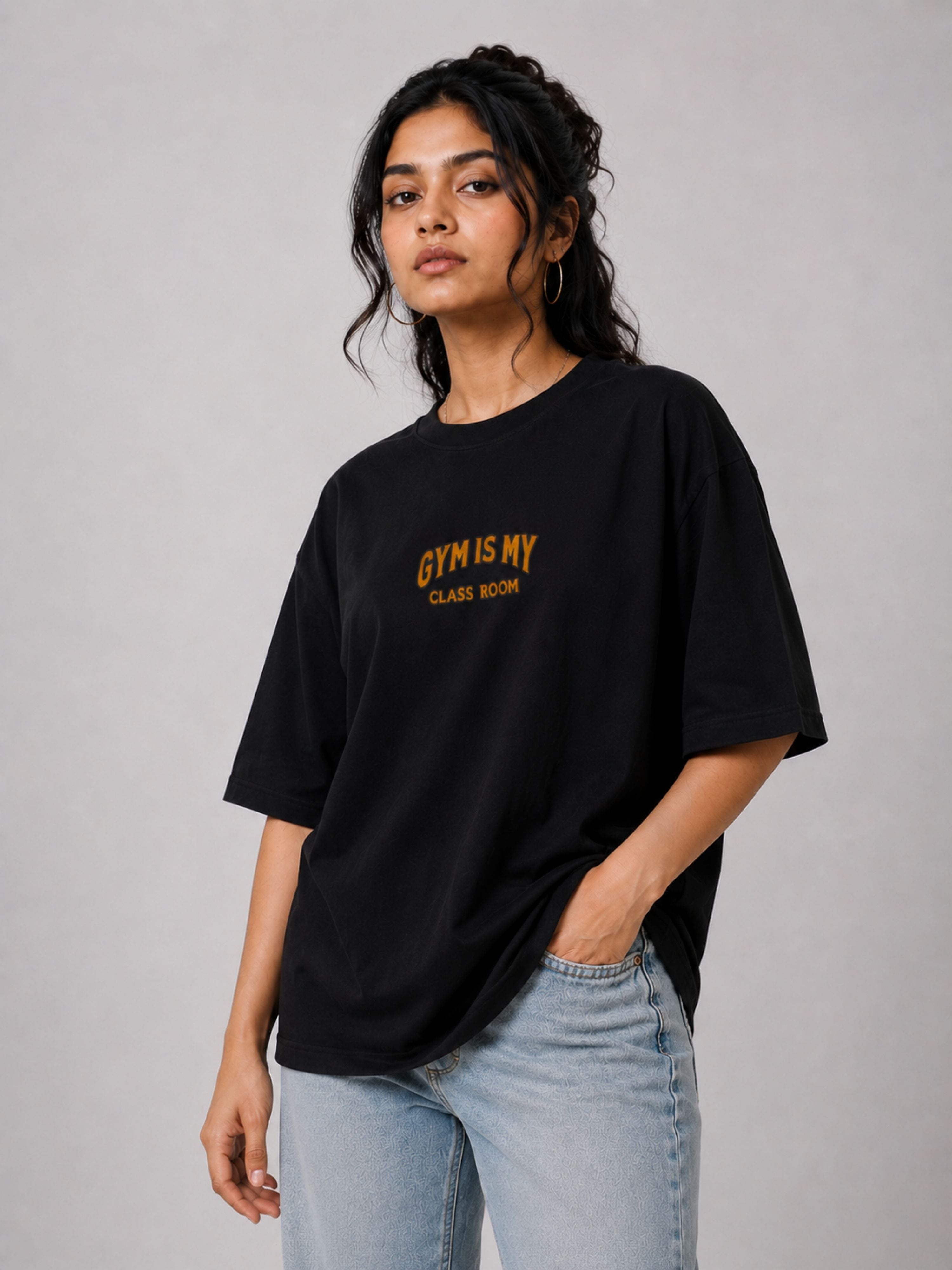 Oversized fit black Gym T-shirt For Women with printed text by Bandar Baant Collections