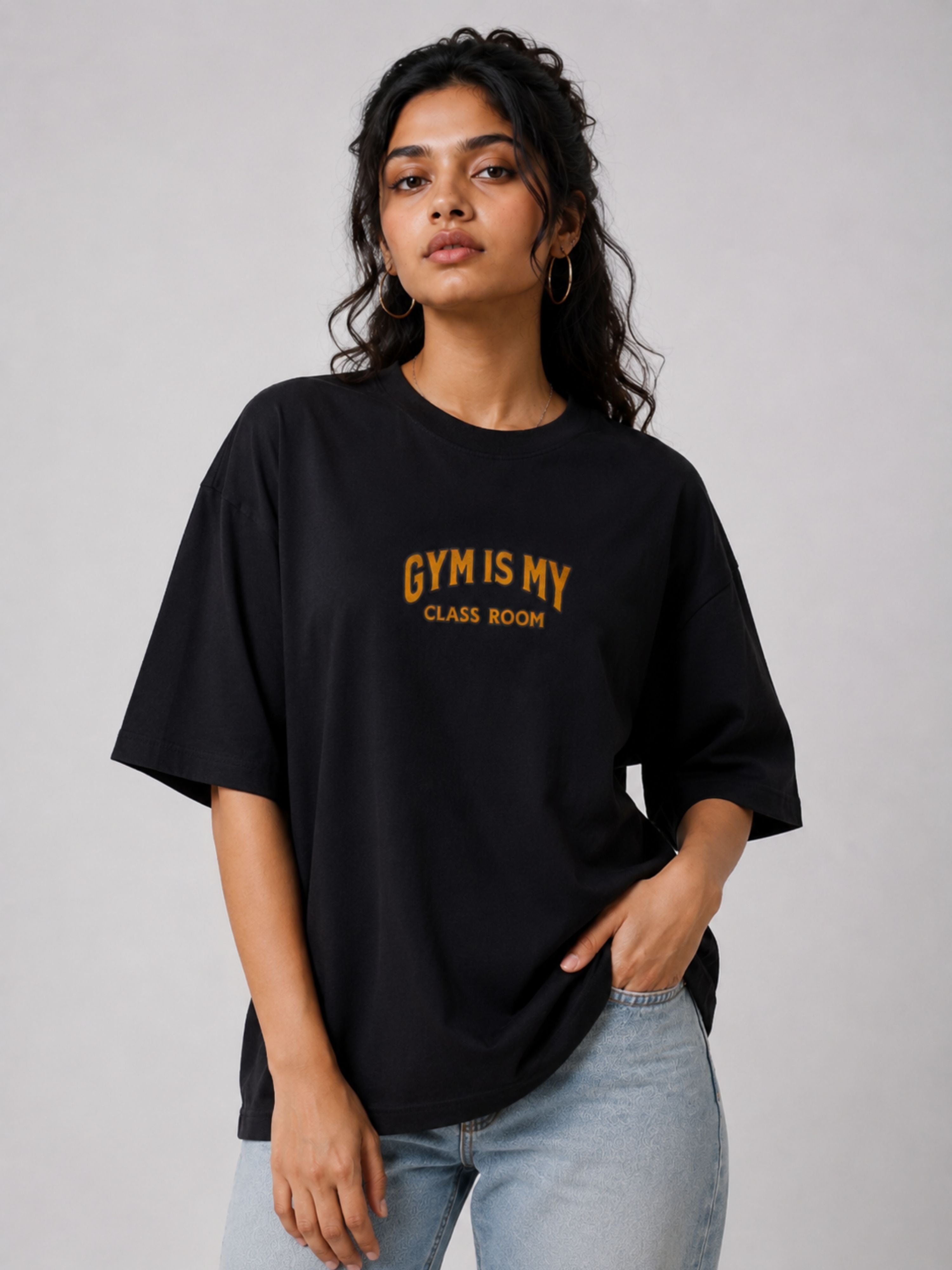 Black oversized fit Gym T-shirt For Women with Gym is My Classroom print from Bandar Baant Collections