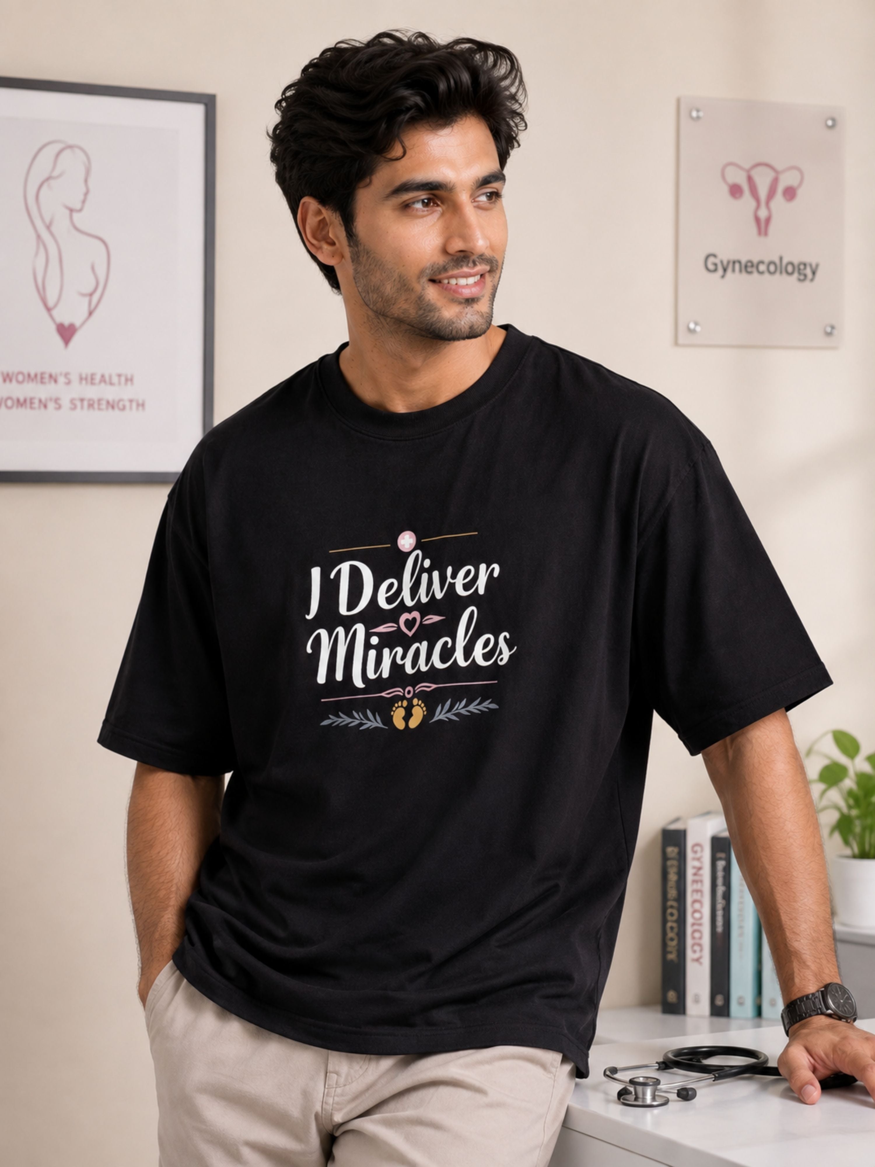 Black oversized fit Gynaecologist Quote Tshirt For Men with I Deliver Miracles graphic worn by male model
