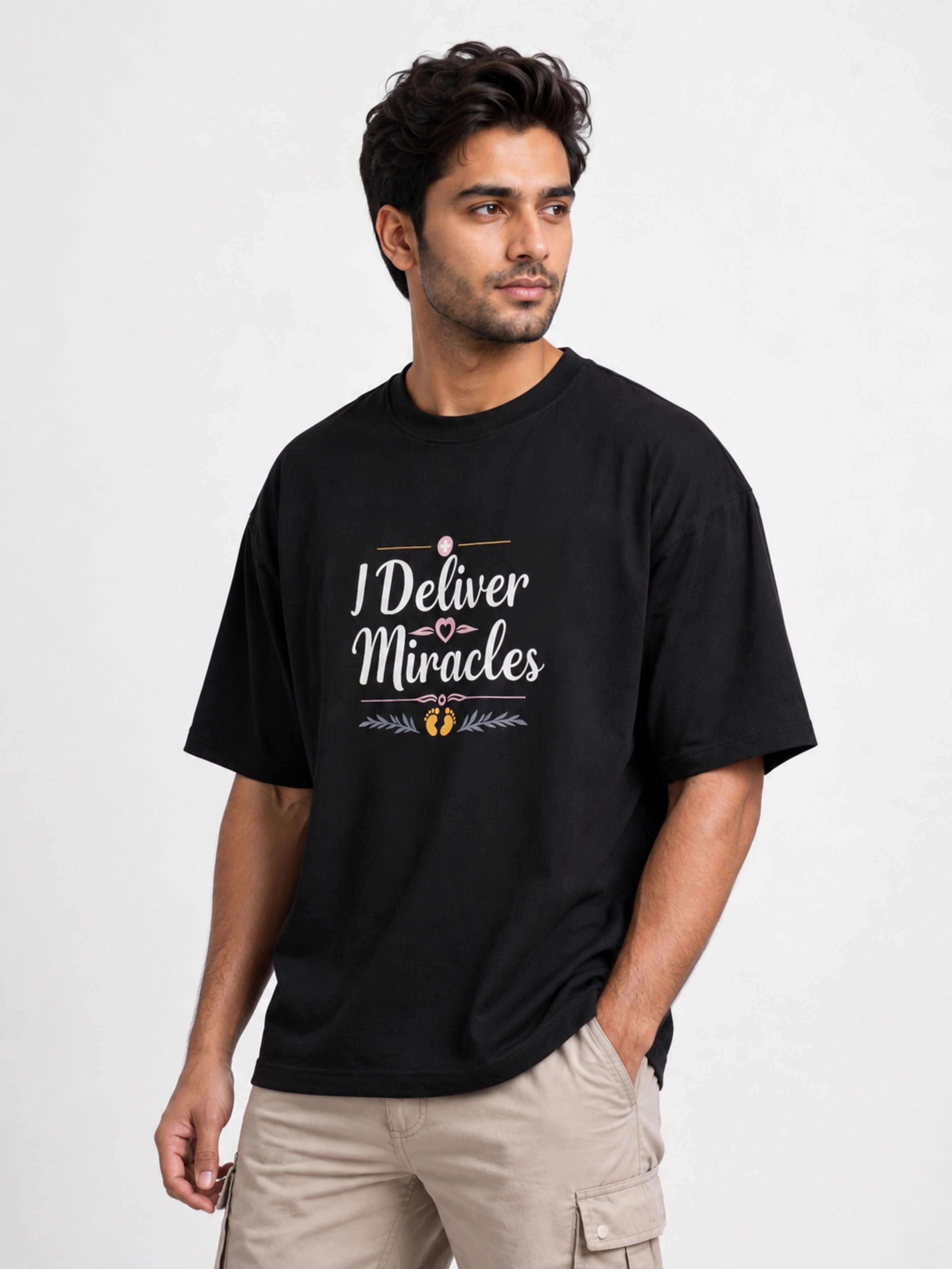 Black oversized fit Gynaecologist Quote Tshirt For Men with I Deliver Miracles print