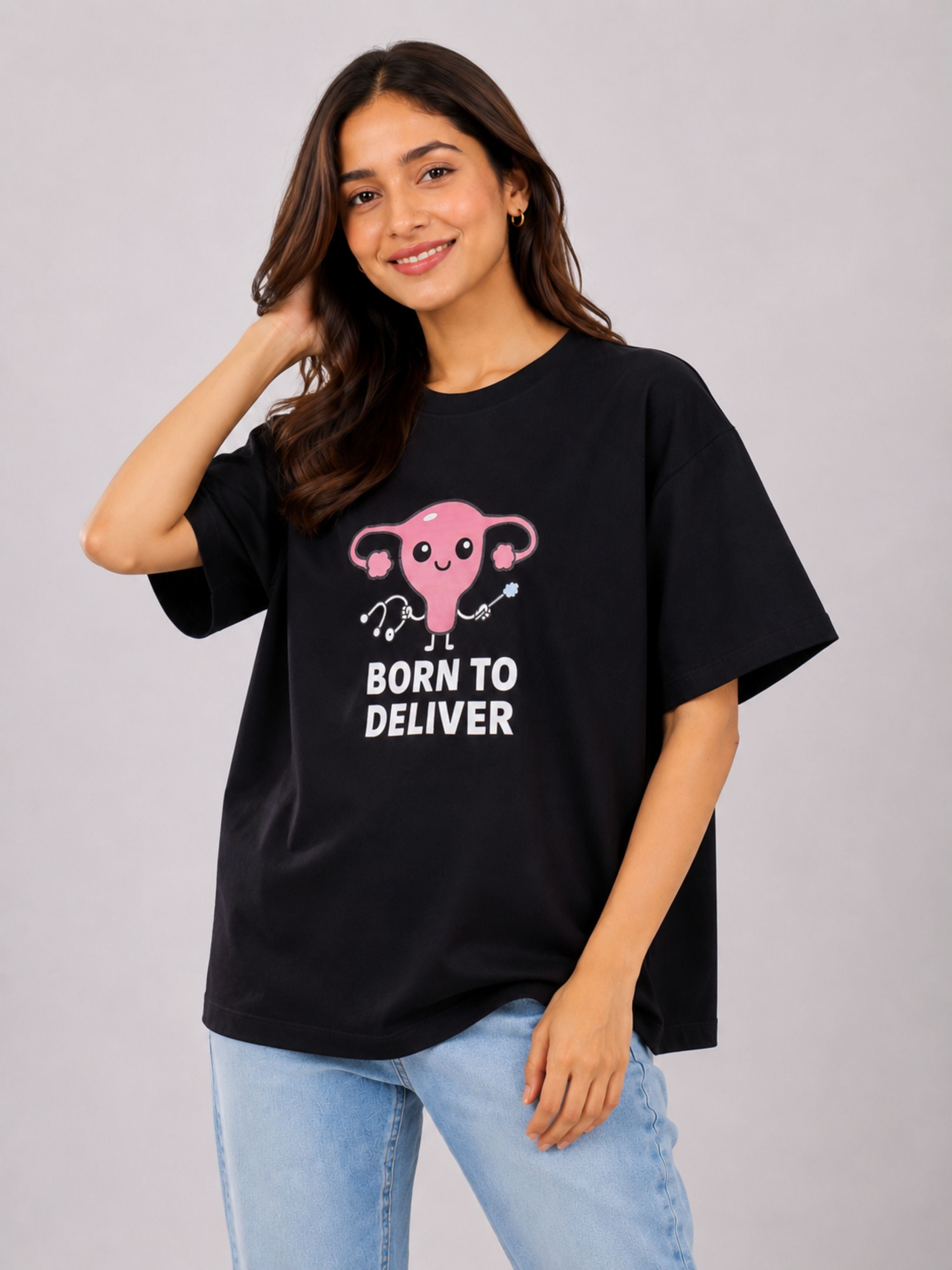Gynaecologist T-Shirt For Women oversized fit black tee with cute uterus graphic and Born to Deliver text