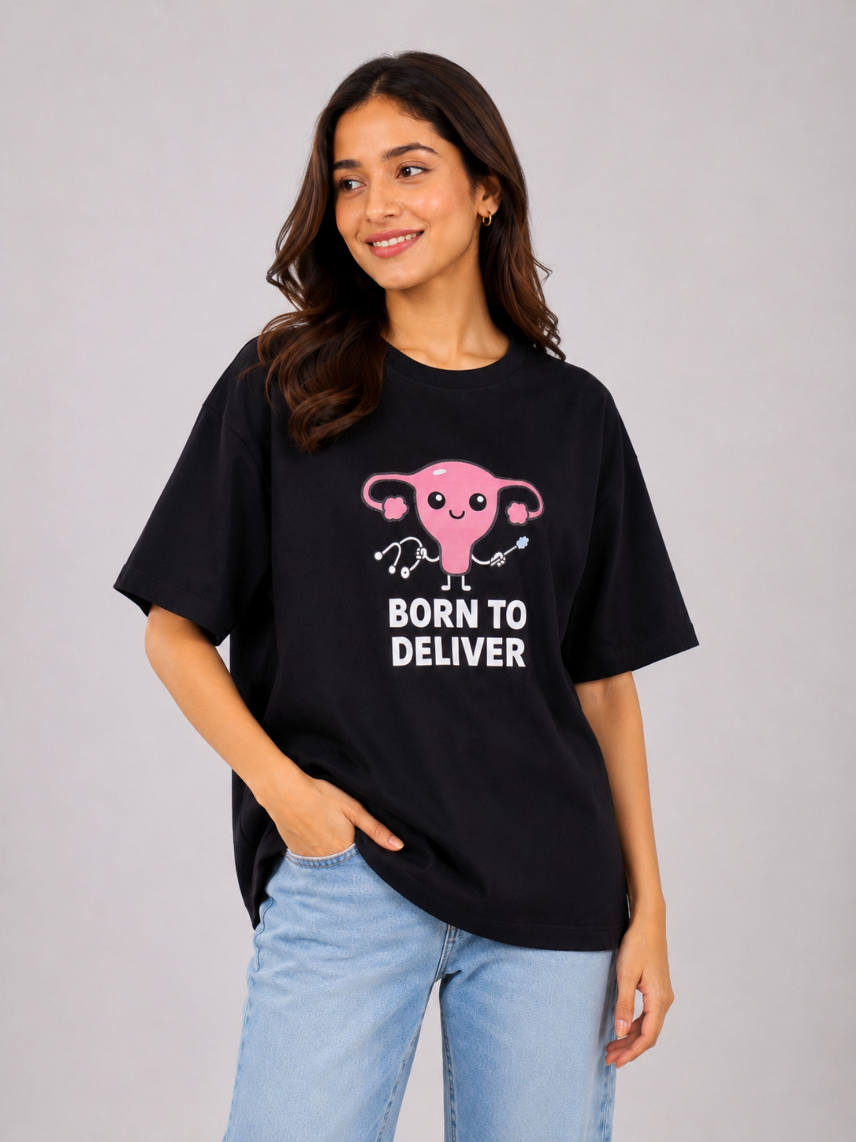 Oversized fit Gynaecologist T-Shirt For Women in black with cartoon uterus and Born to Deliver print