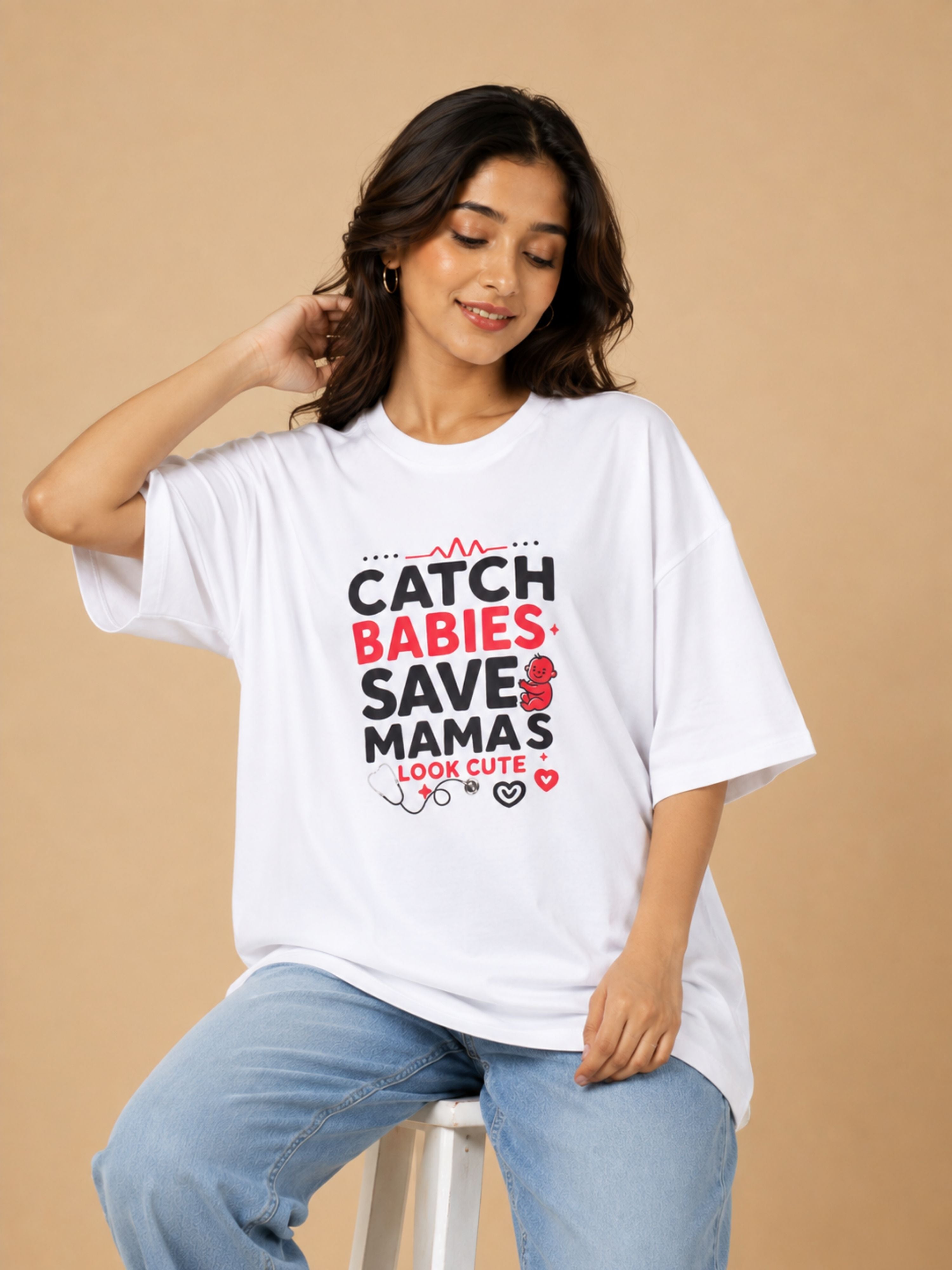 Oversized fit Gynaecologist T-Shirt For Women in white with catchy slogan and comfortable casual style