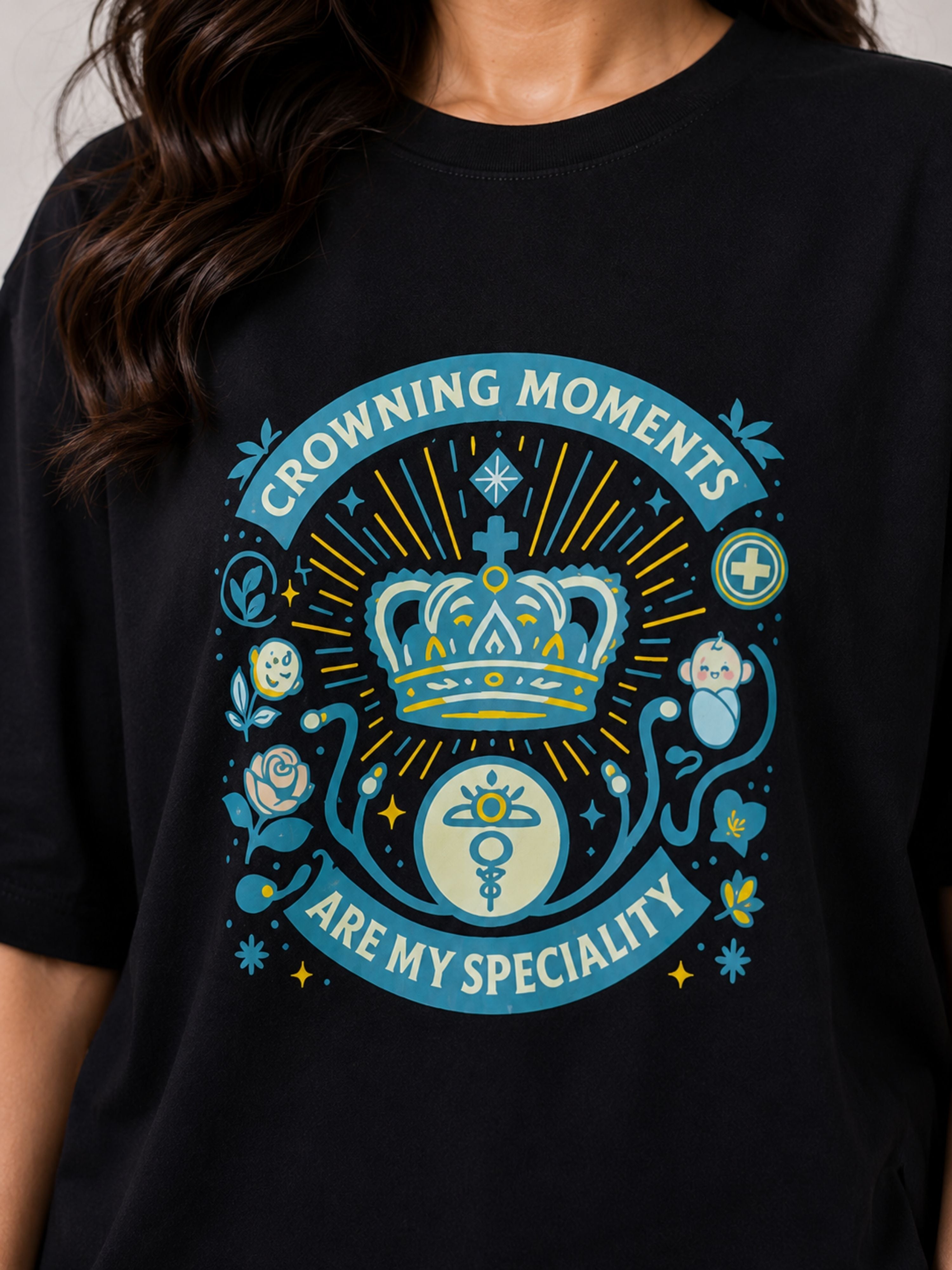 Black oversized fit Gynaecologist T shirt For Women with crown and medical graphic design