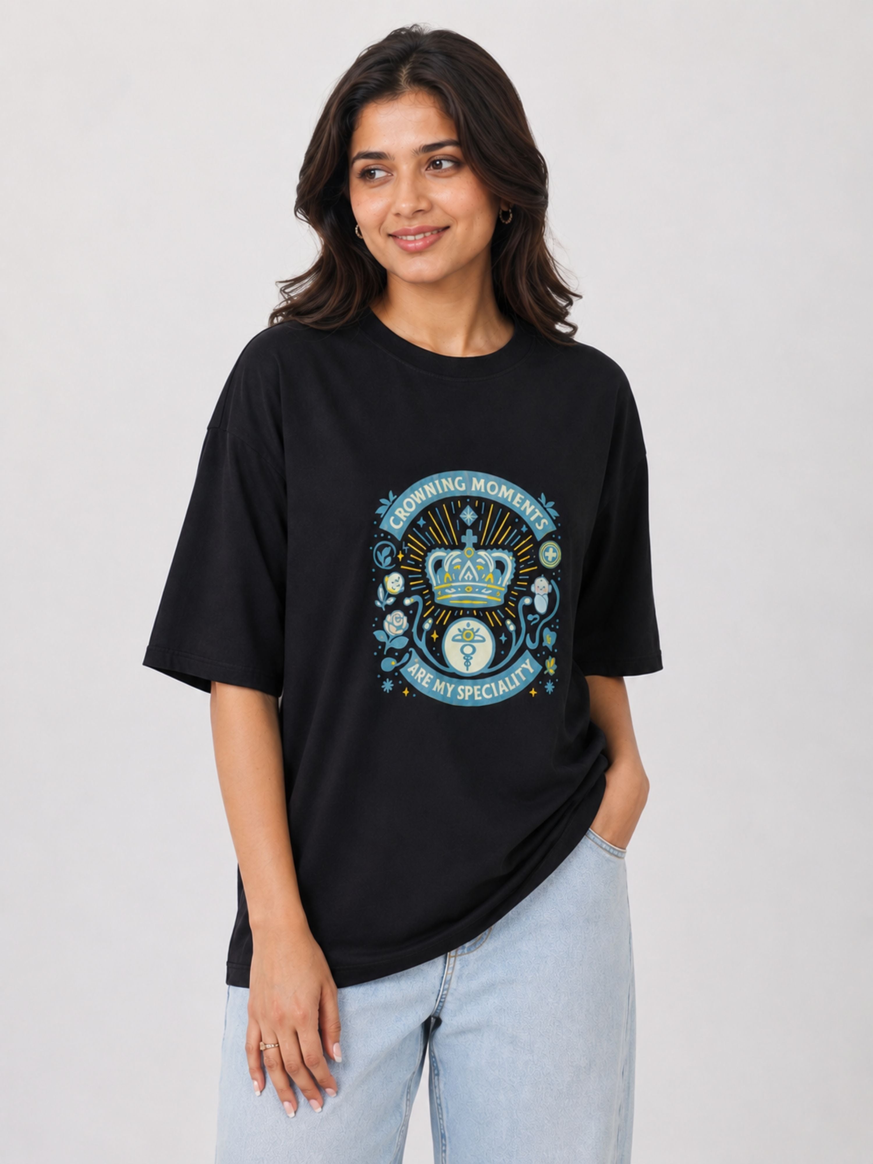 Oversized fit Gynaecologist T shirt For Women in black with graphic print and round neck from Bandar Baant Collections