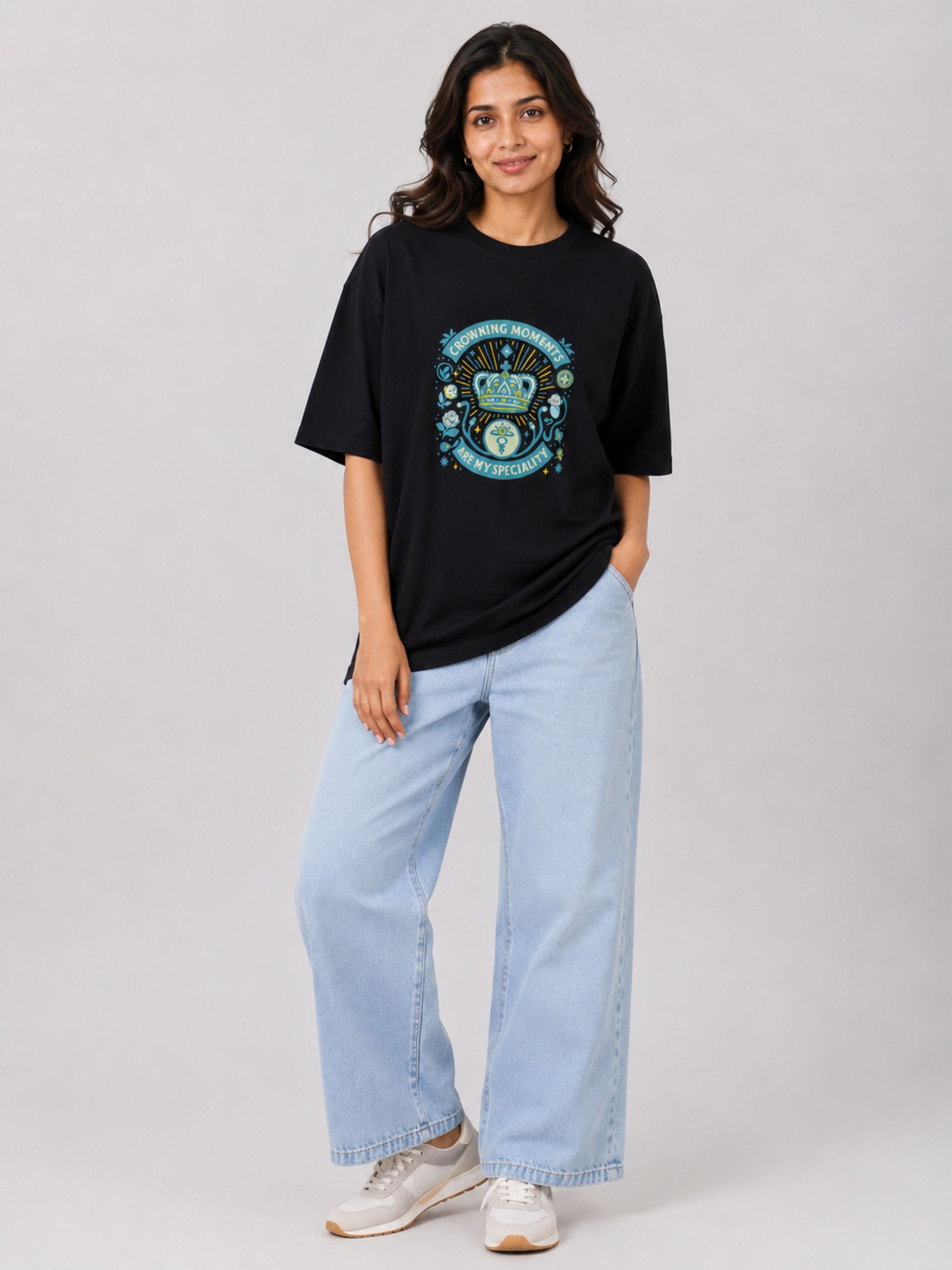 Gynaecologist T shirt For Women oversized fit black tshirt with blue graphic print worn with light blue jeans