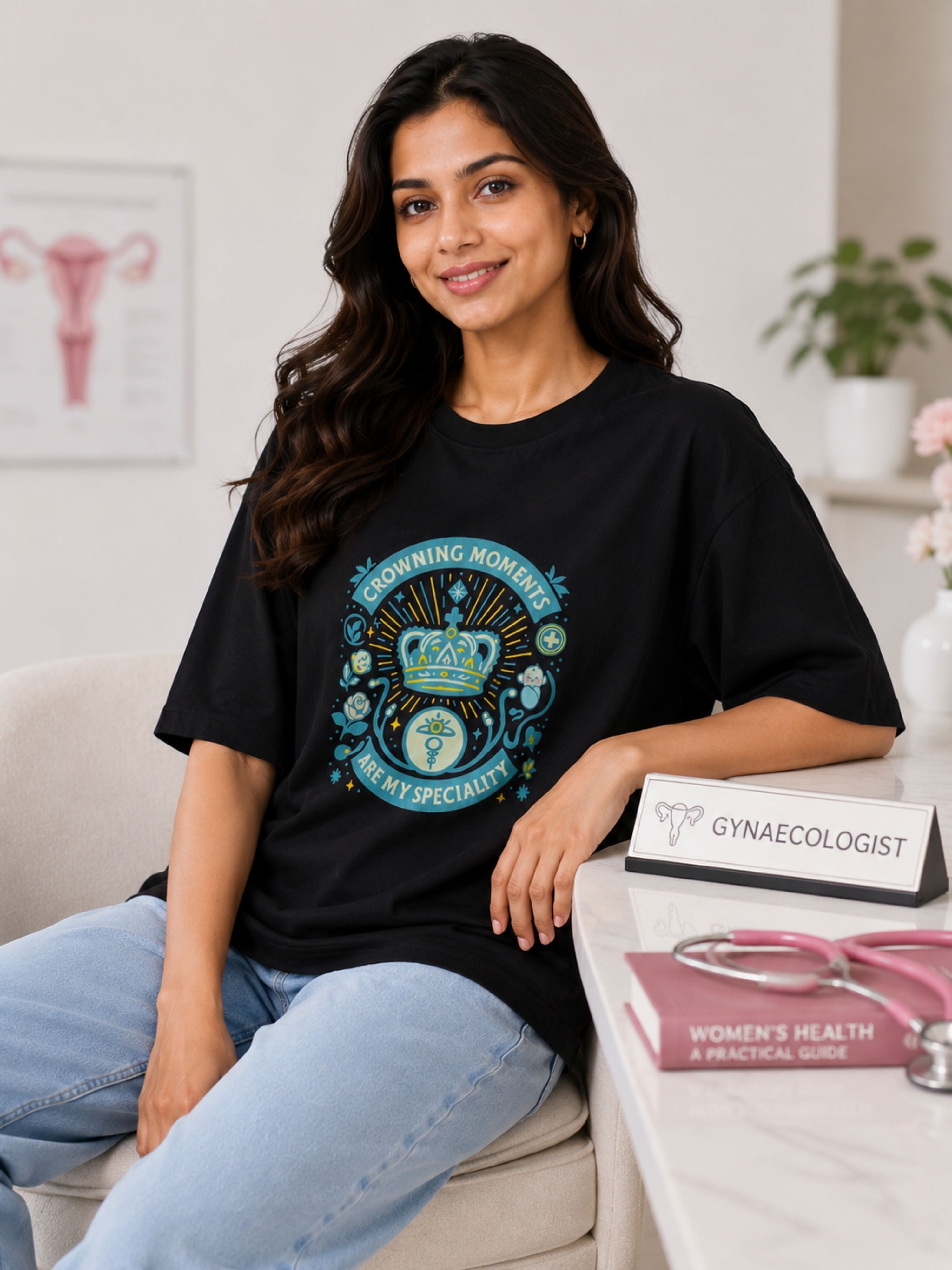 Gynaecologist T shirt For Women black oversized fit from Bandar Baant Collections with medical-themed graphic design