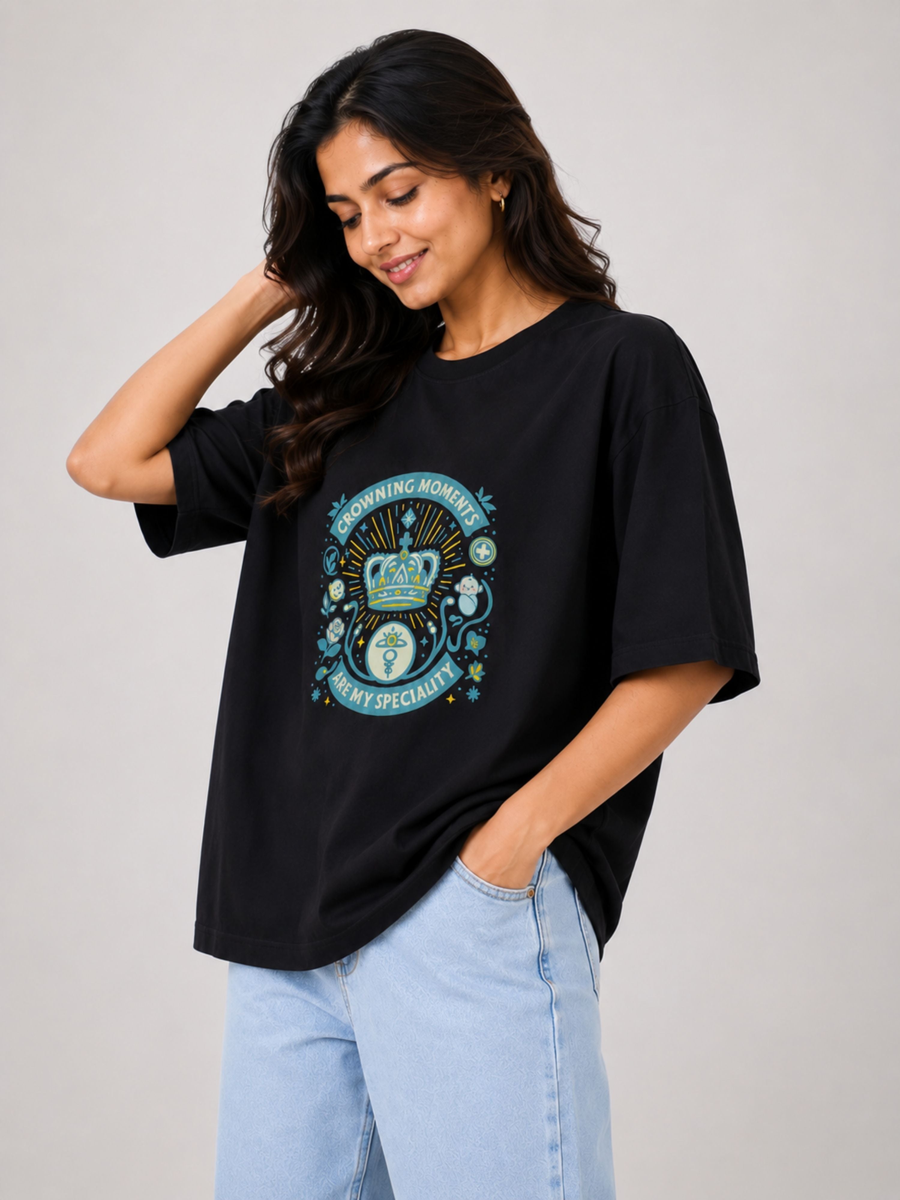 Black oversized fit Gynaecologist T shirt For Women with graphic design from Bandar Baant Collections