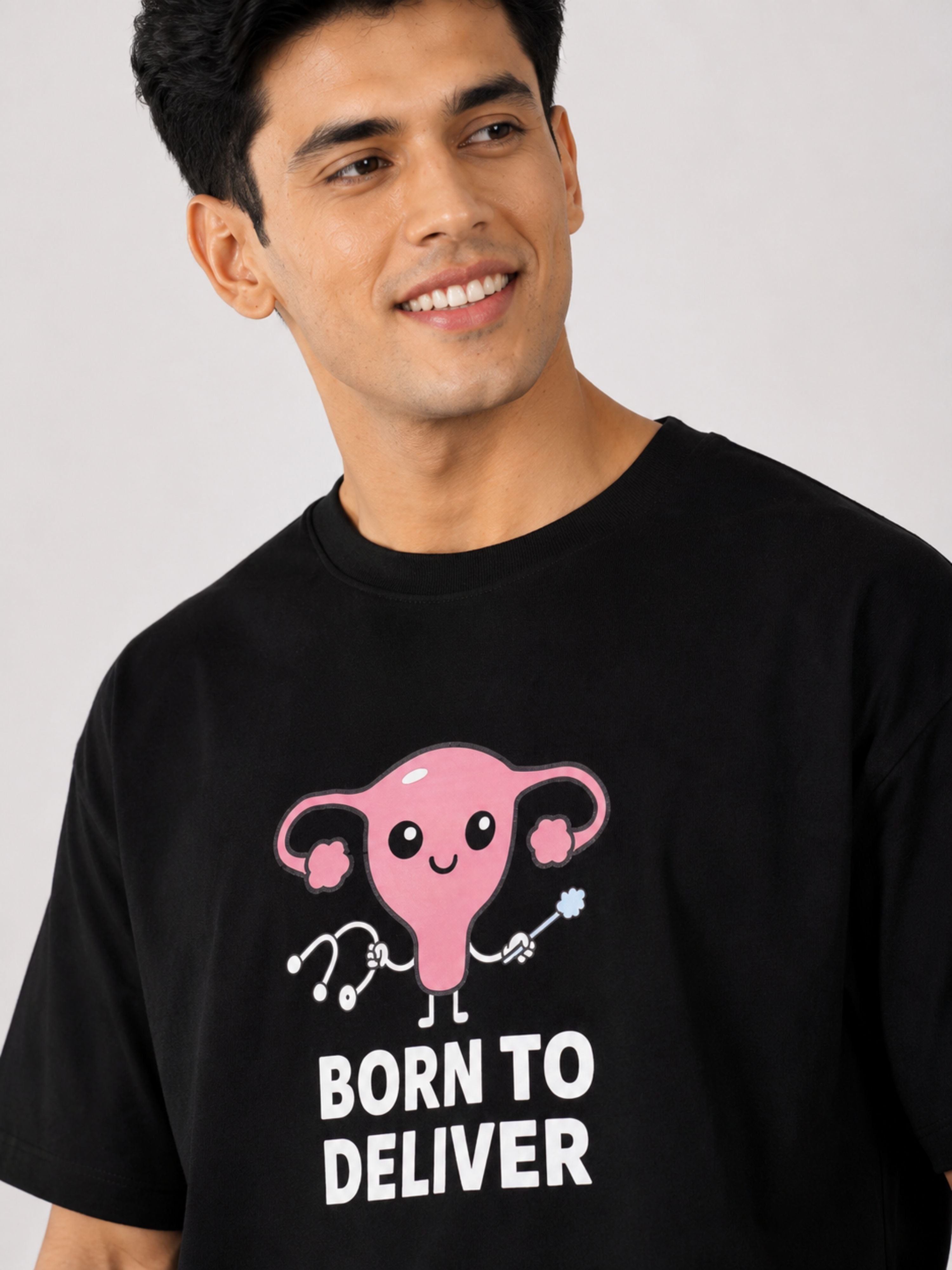 Gynaecologist Trendy Graphic Tshirt For Men black oversized fit shirt with cute uterus and born to deliver print