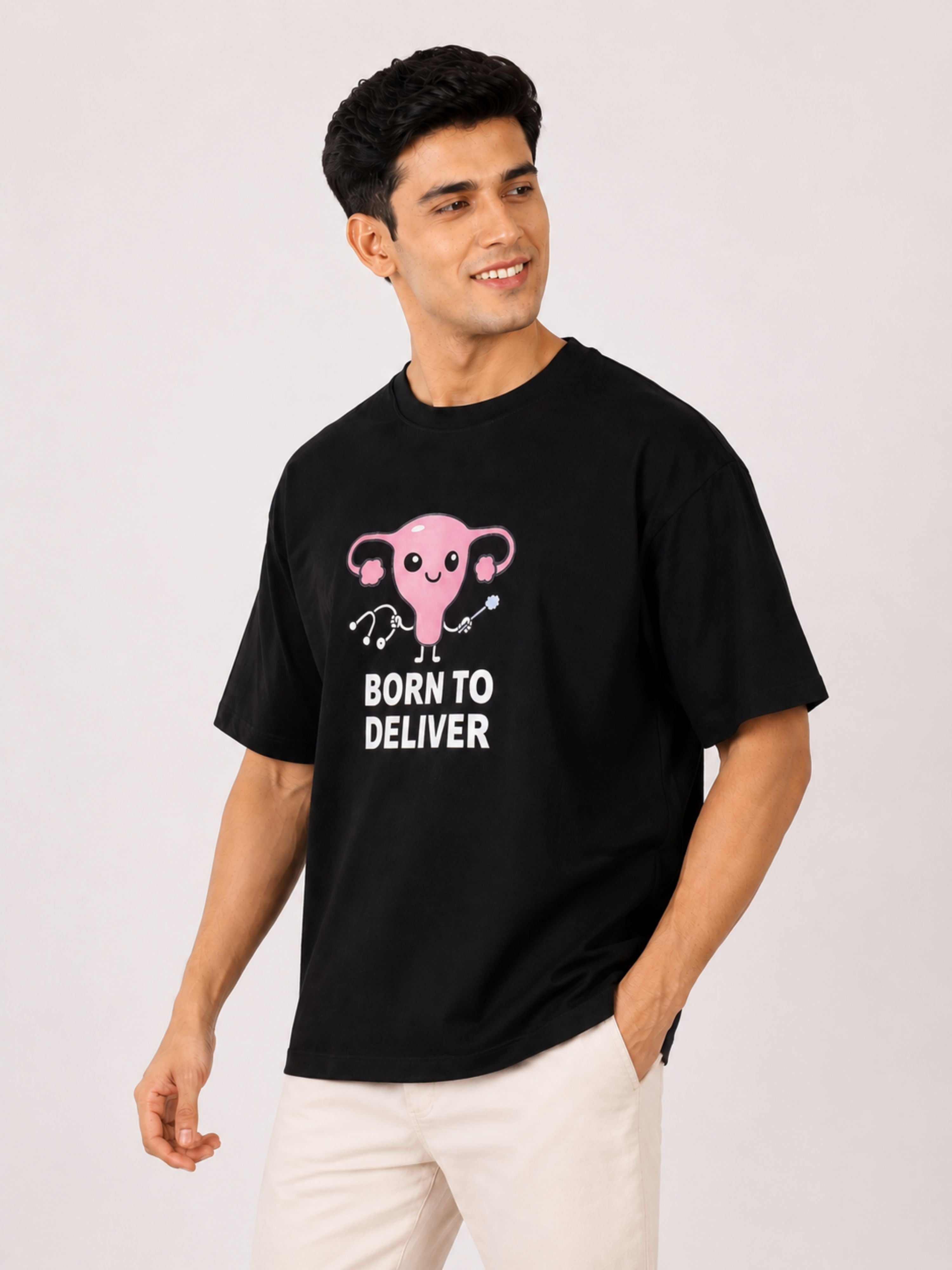 Black oversized fit Tshirt featuring Gynaecologist Trendy Graphic Tshirt For Men with Born to Deliver design