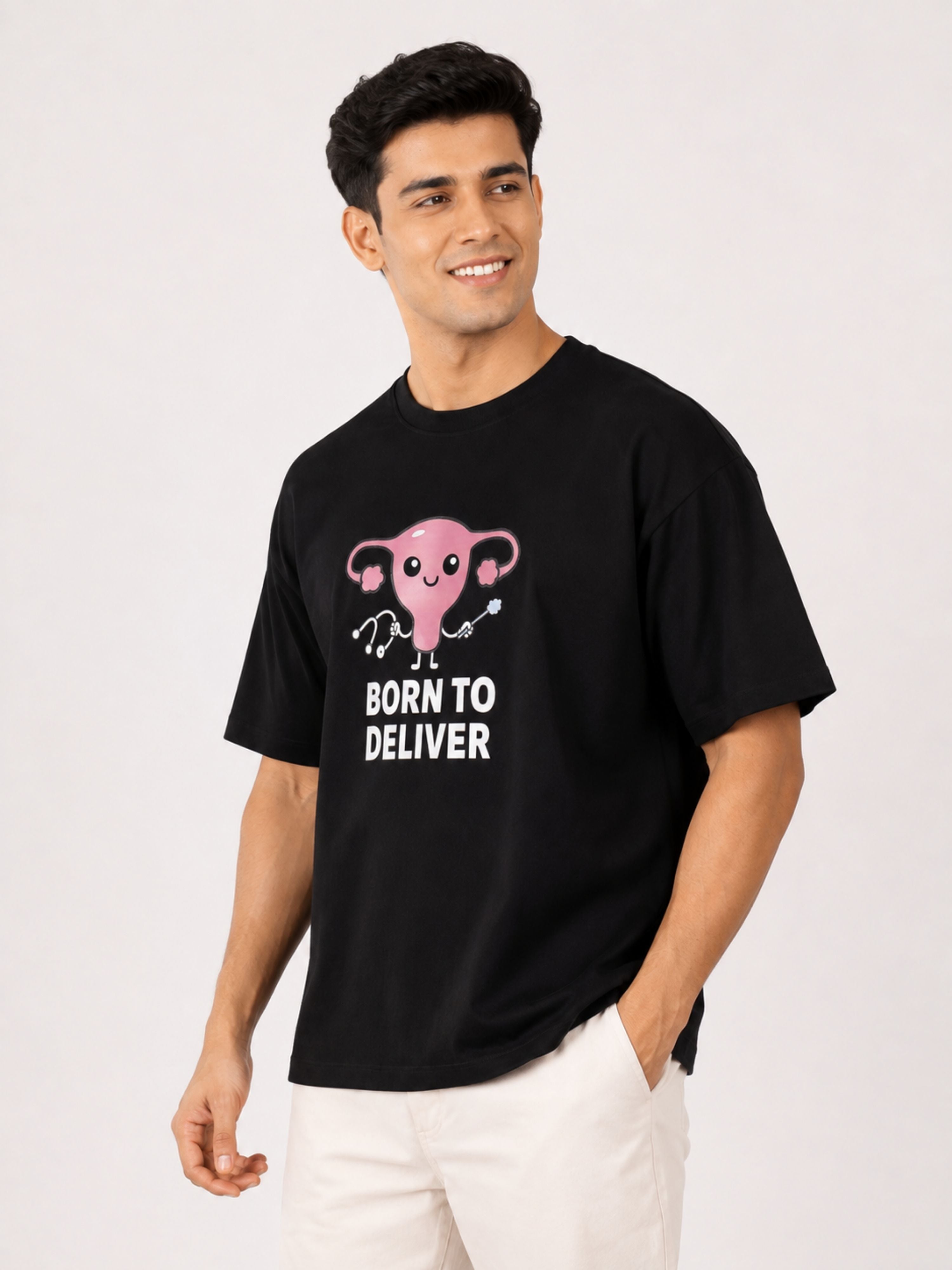 Gynaecologist Trendy Graphic Tshirt For Men oversized fit black tshirt with Born to Deliver print