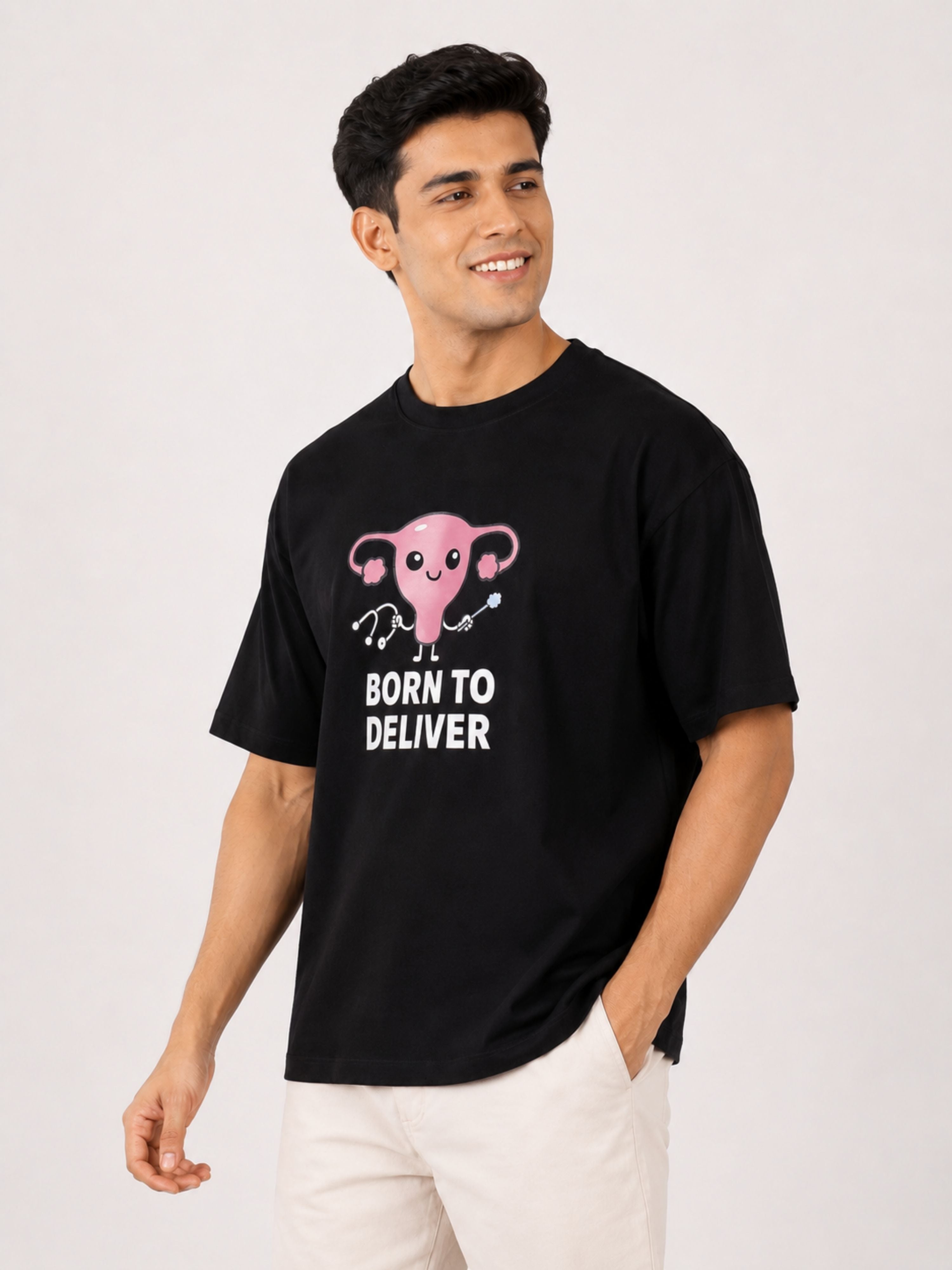 Gynaecologist Trendy Graphic Tshirt For Men oversized fit black tshirt with cartoon uterus and born to deliver text