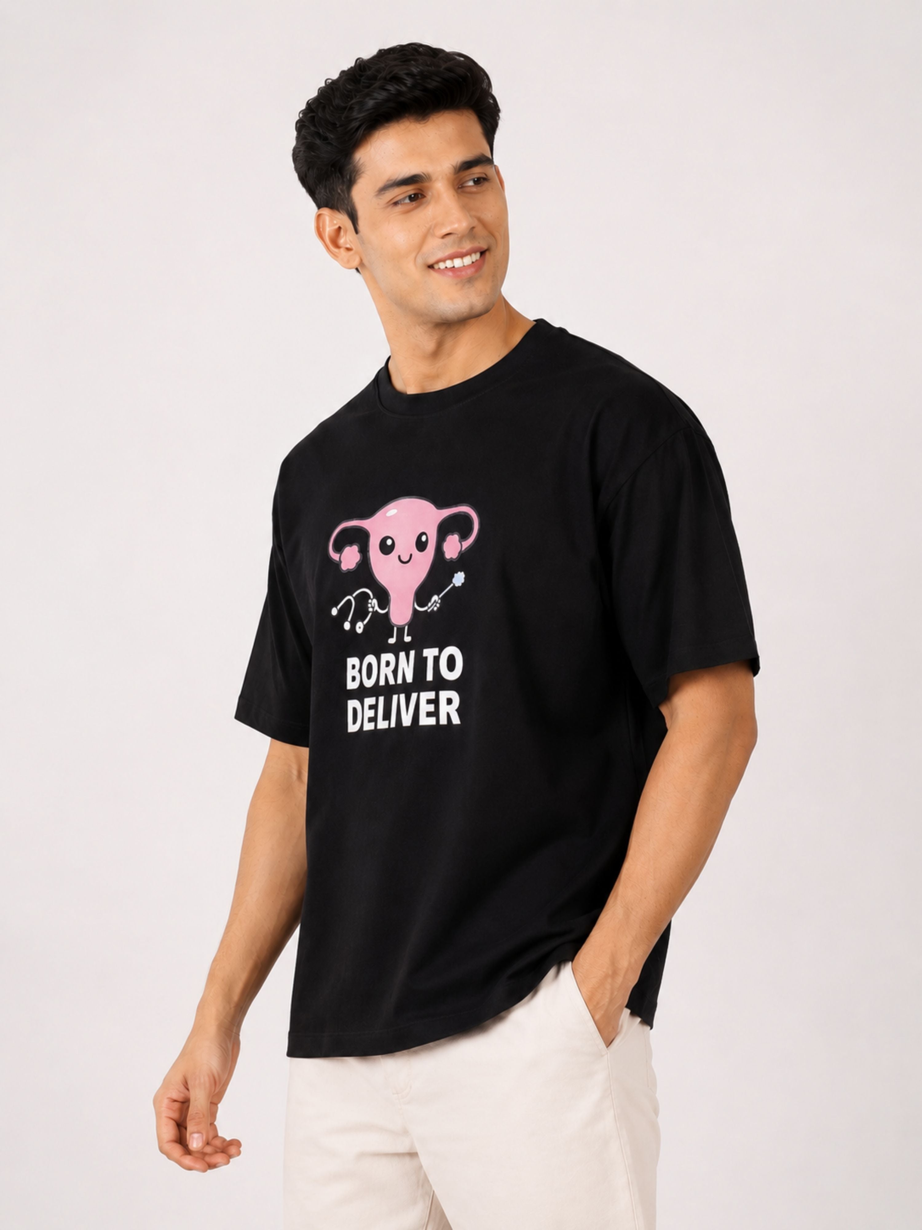 Gynaecologist Trendy Graphic Tshirt For Men black tshirt with born to deliver design by Bandar Baant Collections