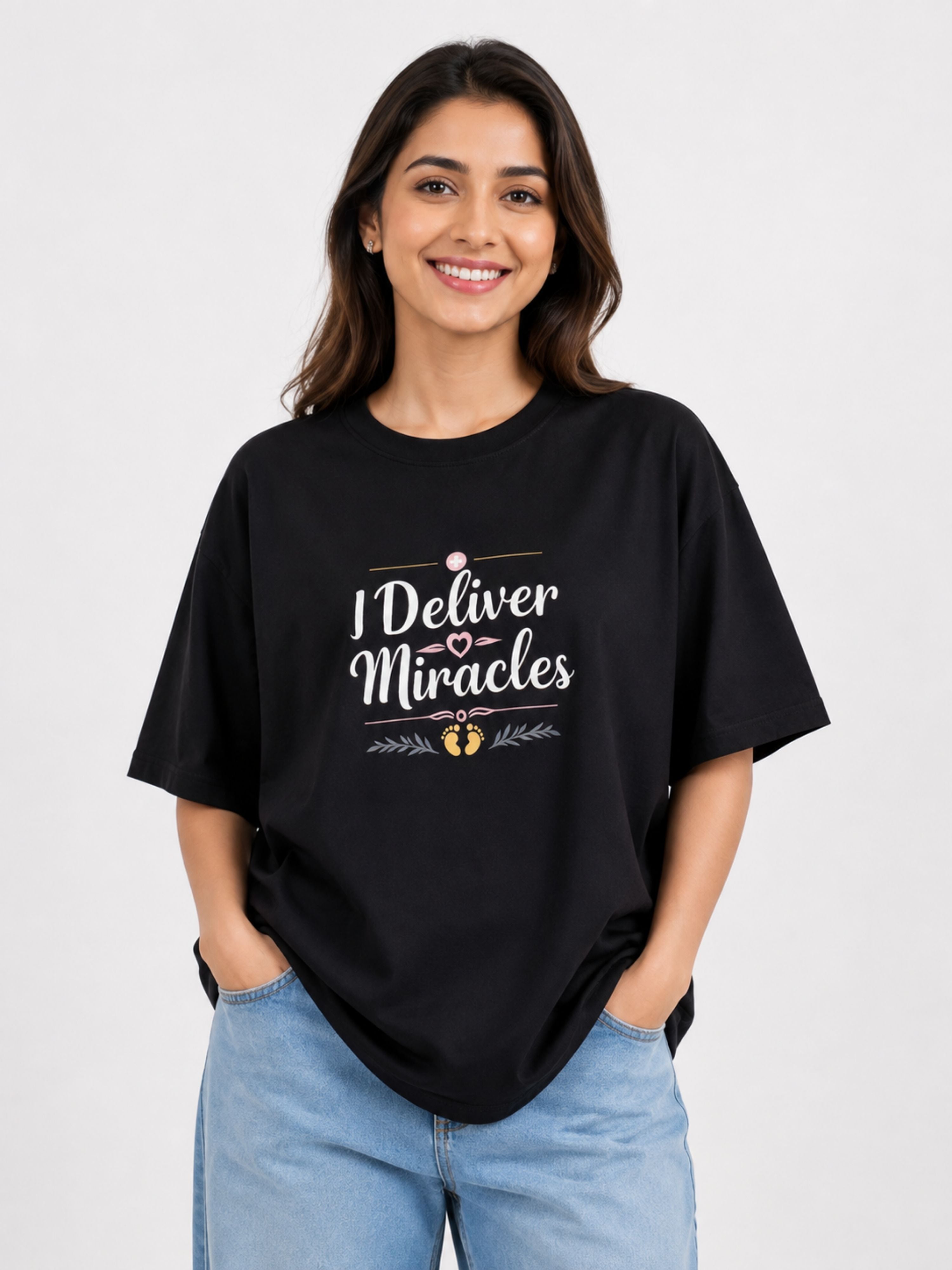 Bandar Baant Collections oversized fit black Gynaecologist Trendy T-shirt For Women with I Deliver Miracles print