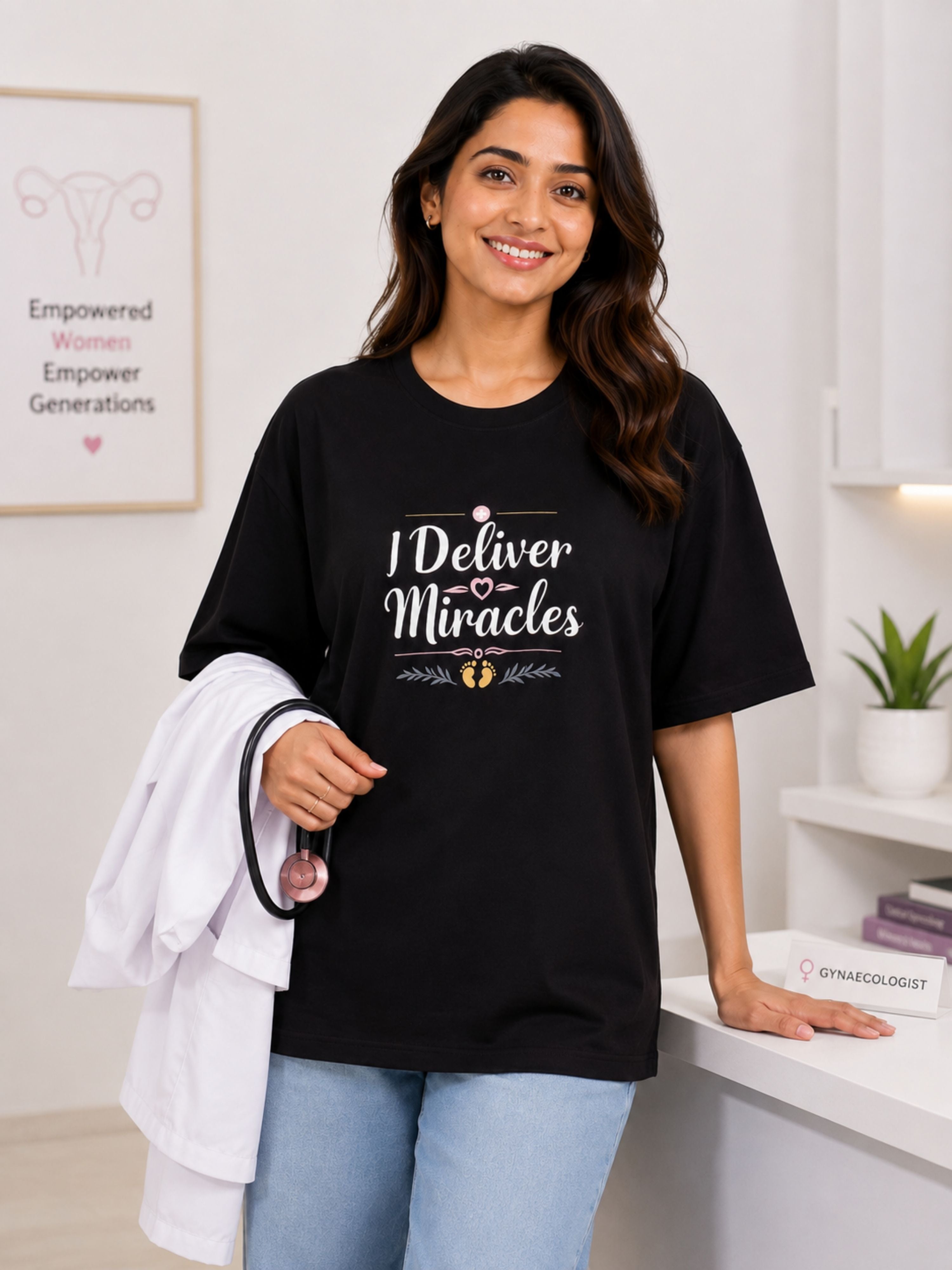 Woman wearing oversized Gynaecologist Trendy T-shirt For Women in black with I Deliver Miracles text