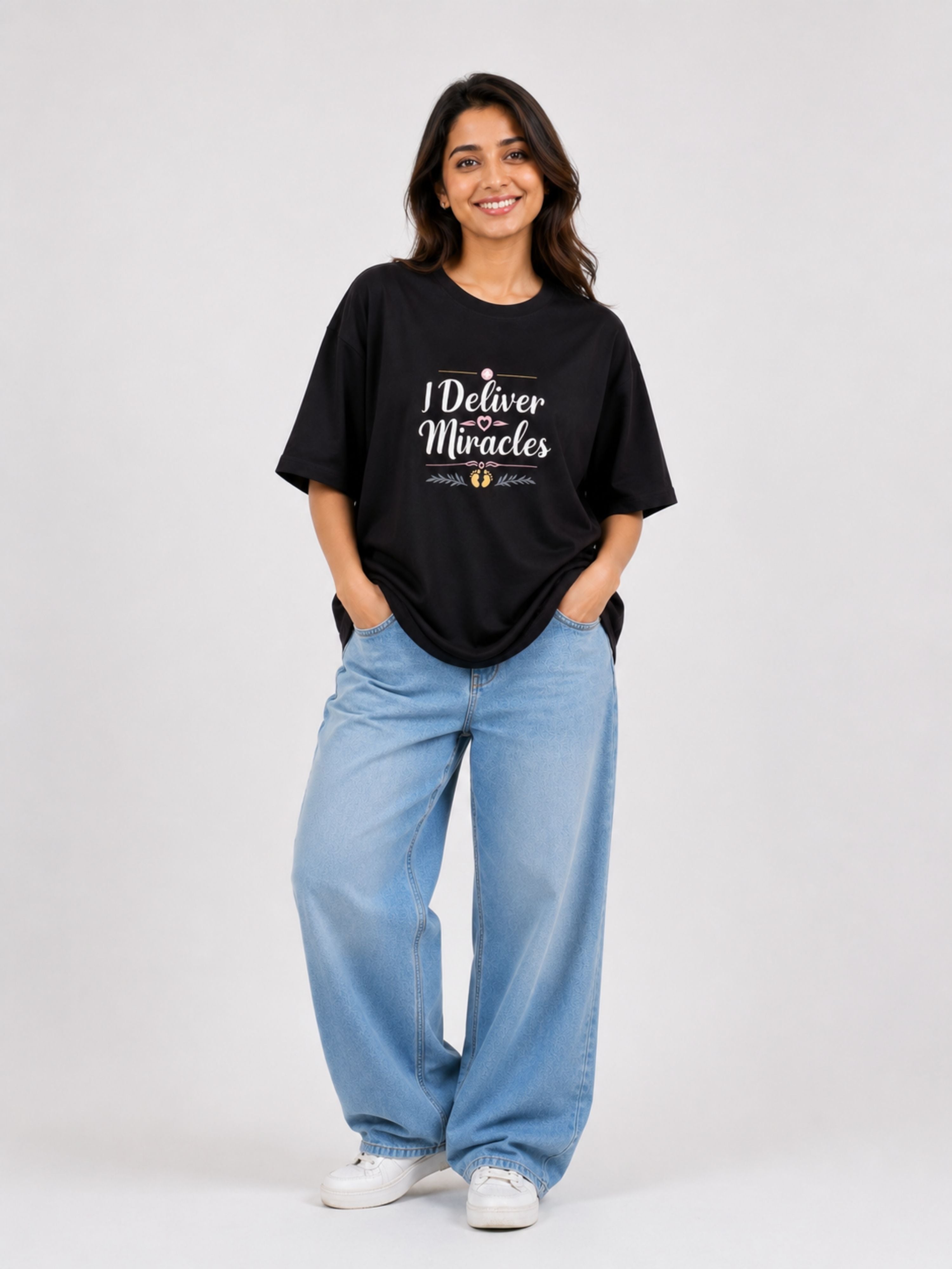 Black oversized fit Gynaecologist Trendy T-shirt For Women with I Deliver Miracles print by Bandar Baant Collections