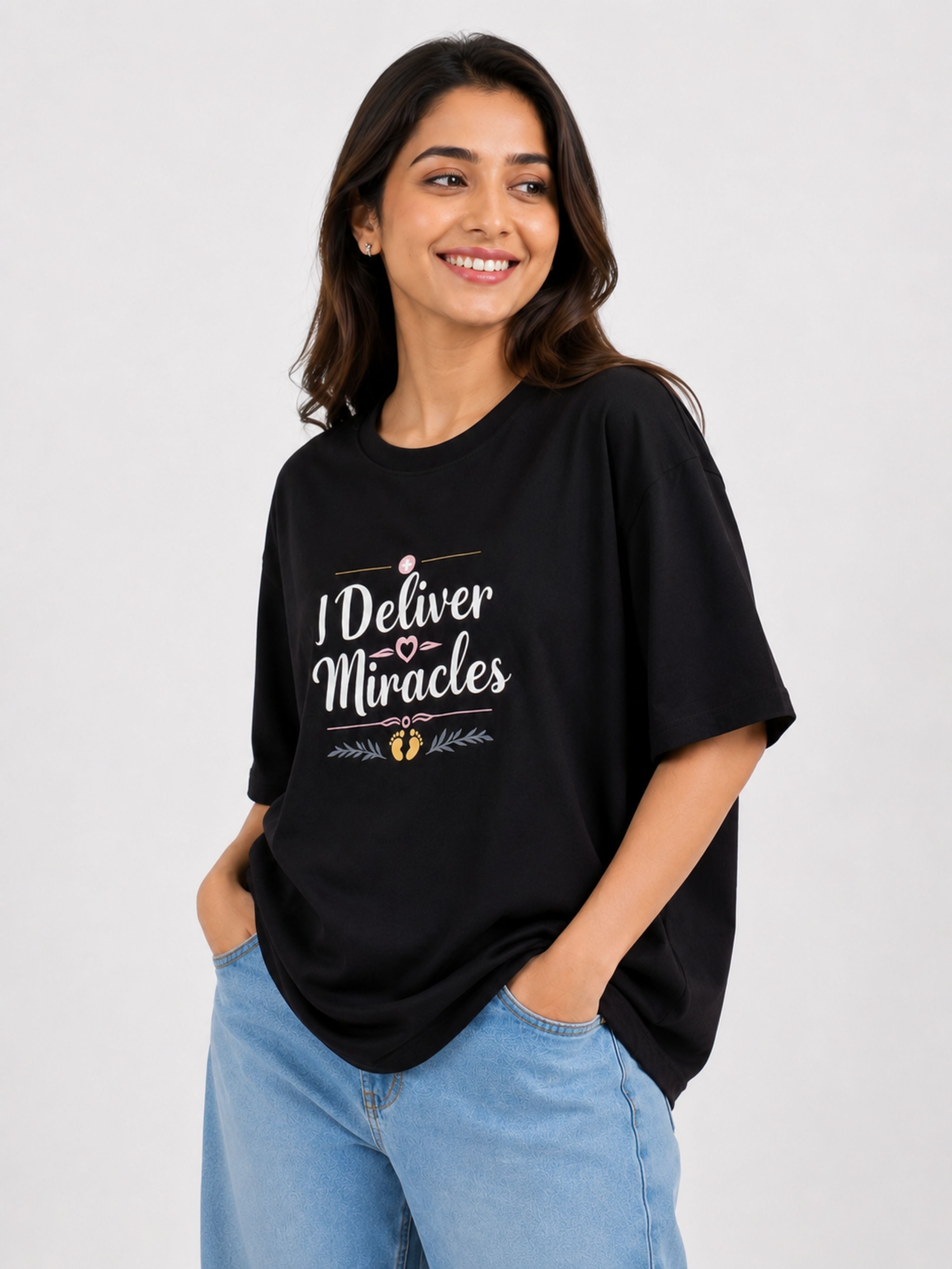 Black oversized Gynaecologist Trendy T-shirt For Women with I Deliver Miracles print from Bandar Baant Collections