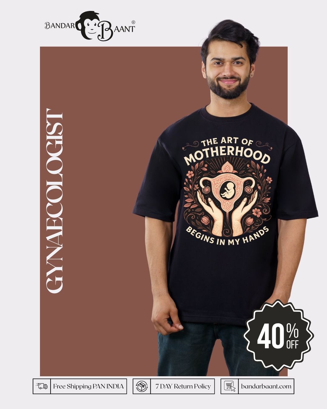 Gynaecologist Tshirt For Men oversized fit black tee with The Art of Motherhood print
