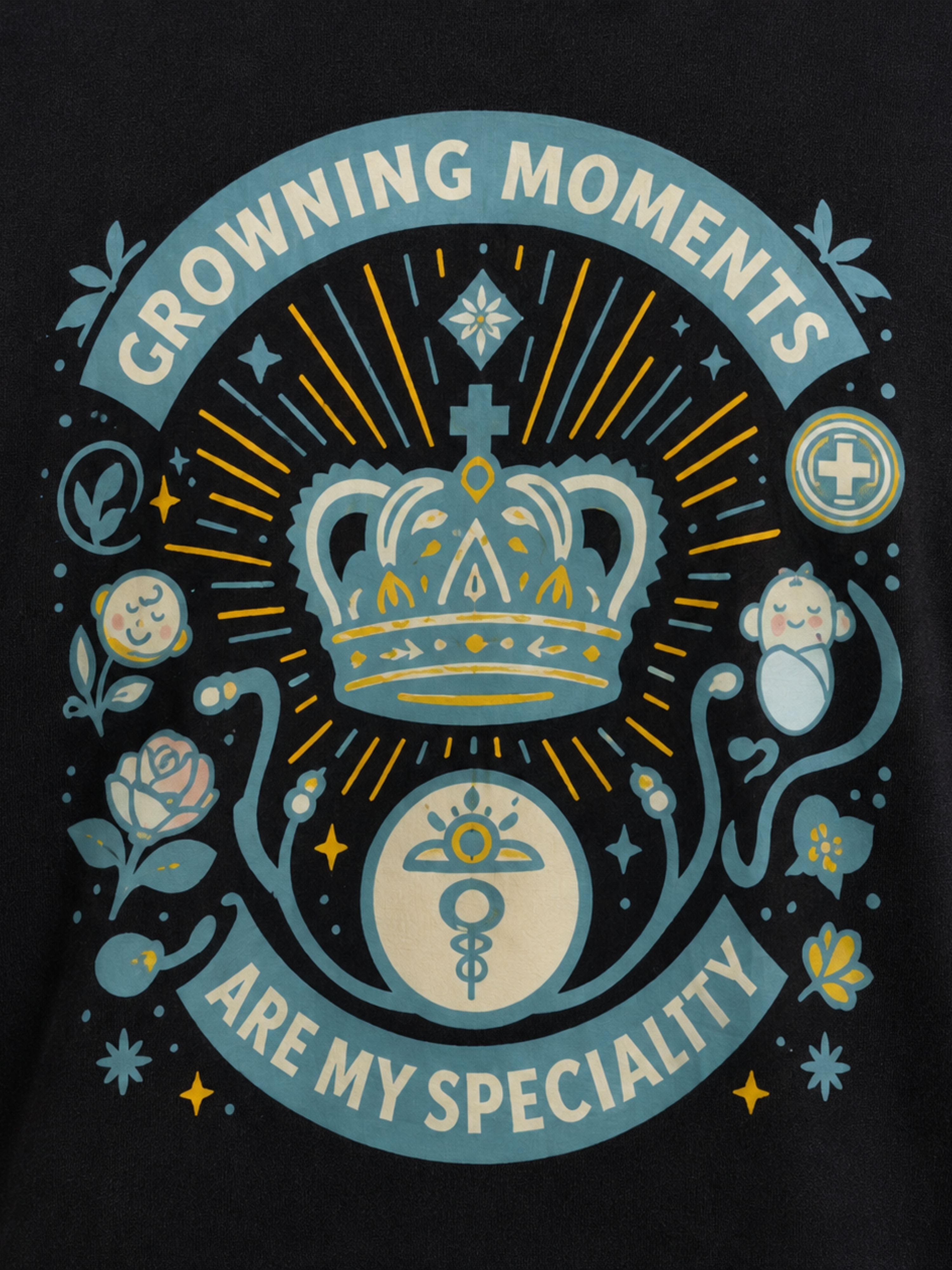 Bandar Baant Collections oversized fit Gynaecologist Tshirt For Men with blue and gold crown and Growing Moments design