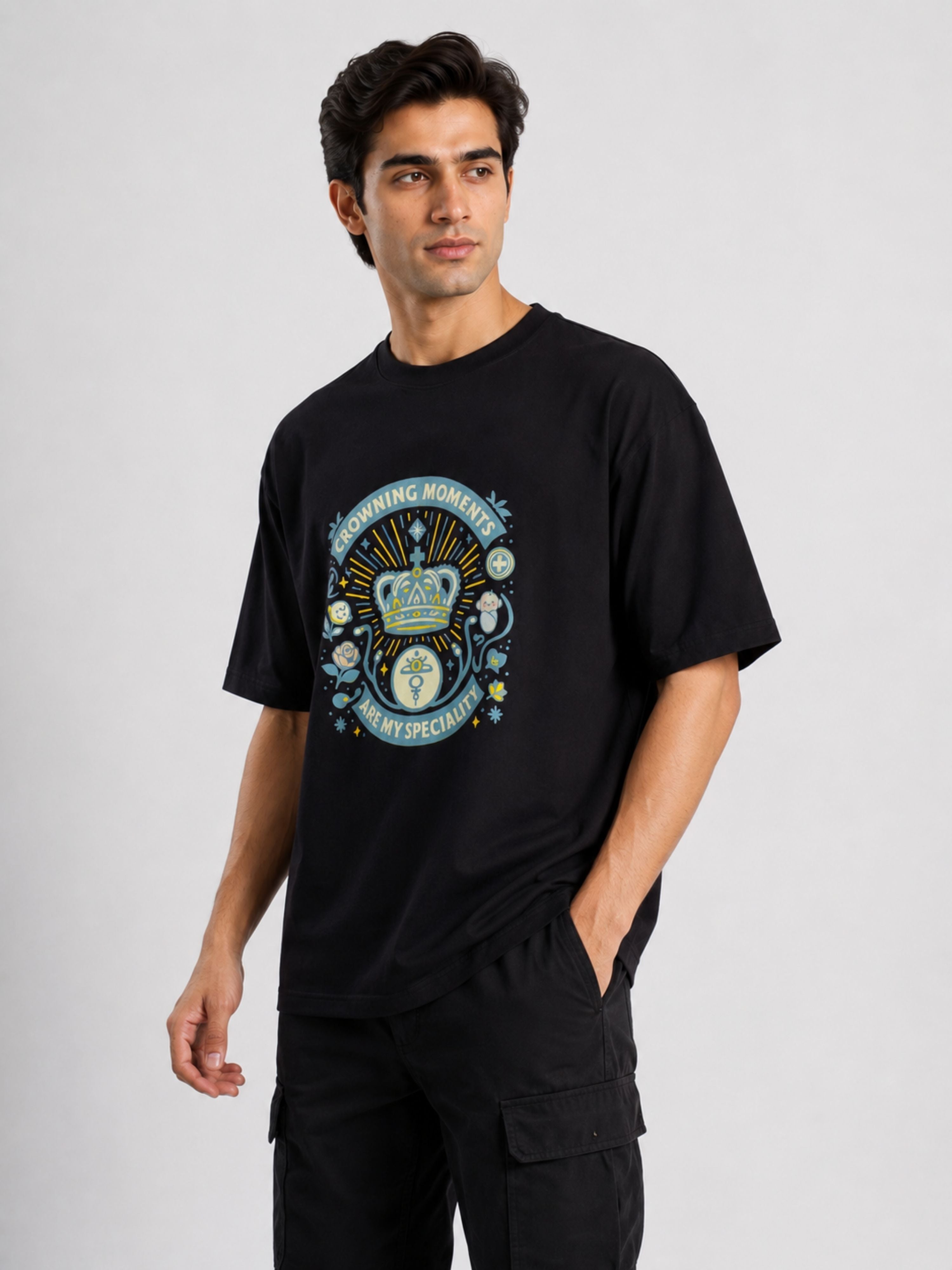 Black oversized fit Gynaecologist Tshirt For Men with blue and yellow graphic design from Bandar Baant Collections