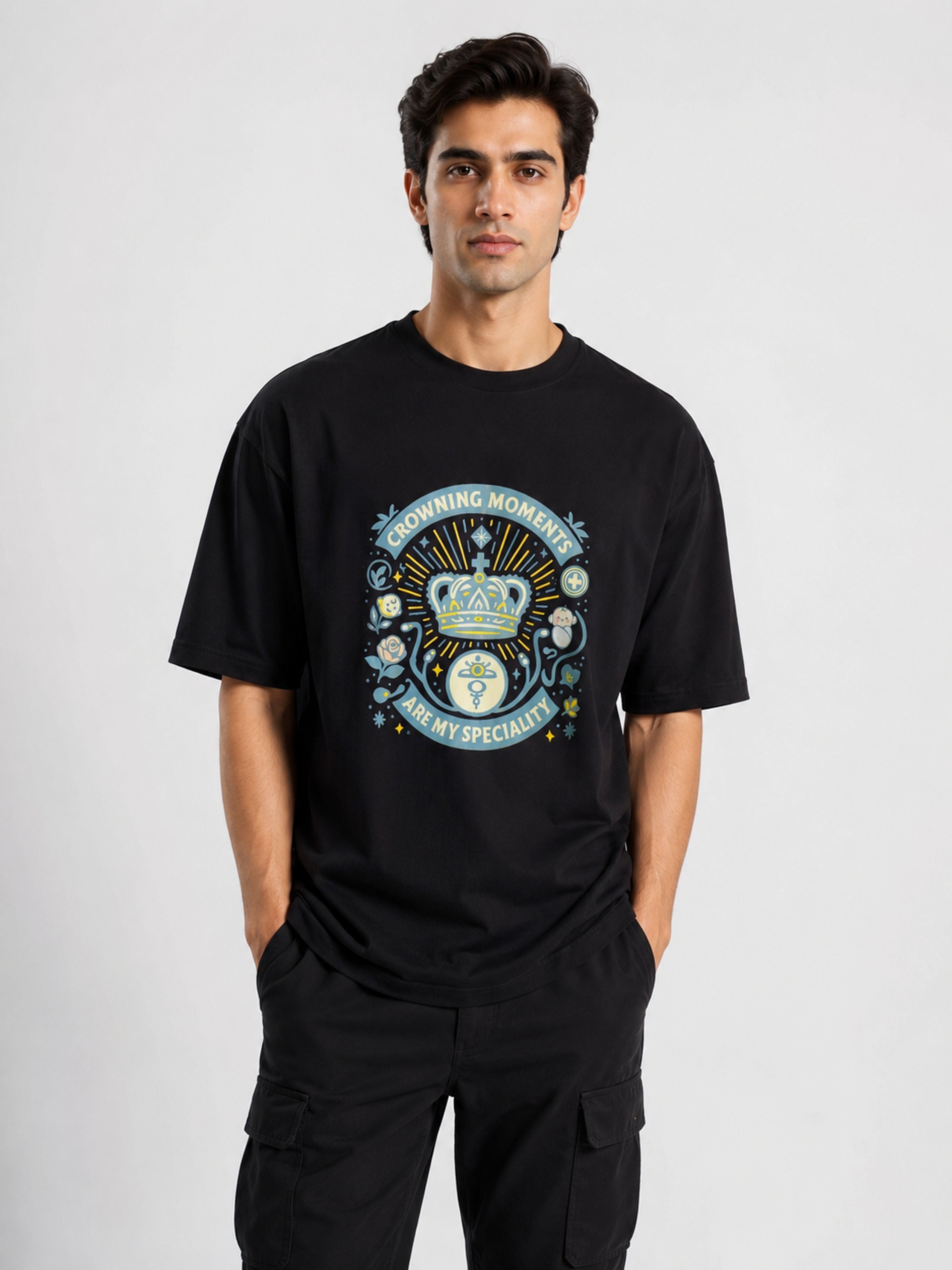 Black oversized fit Gynaecologist Tshirt For Men with crown and medical graphic design by Bandar Baant Collections