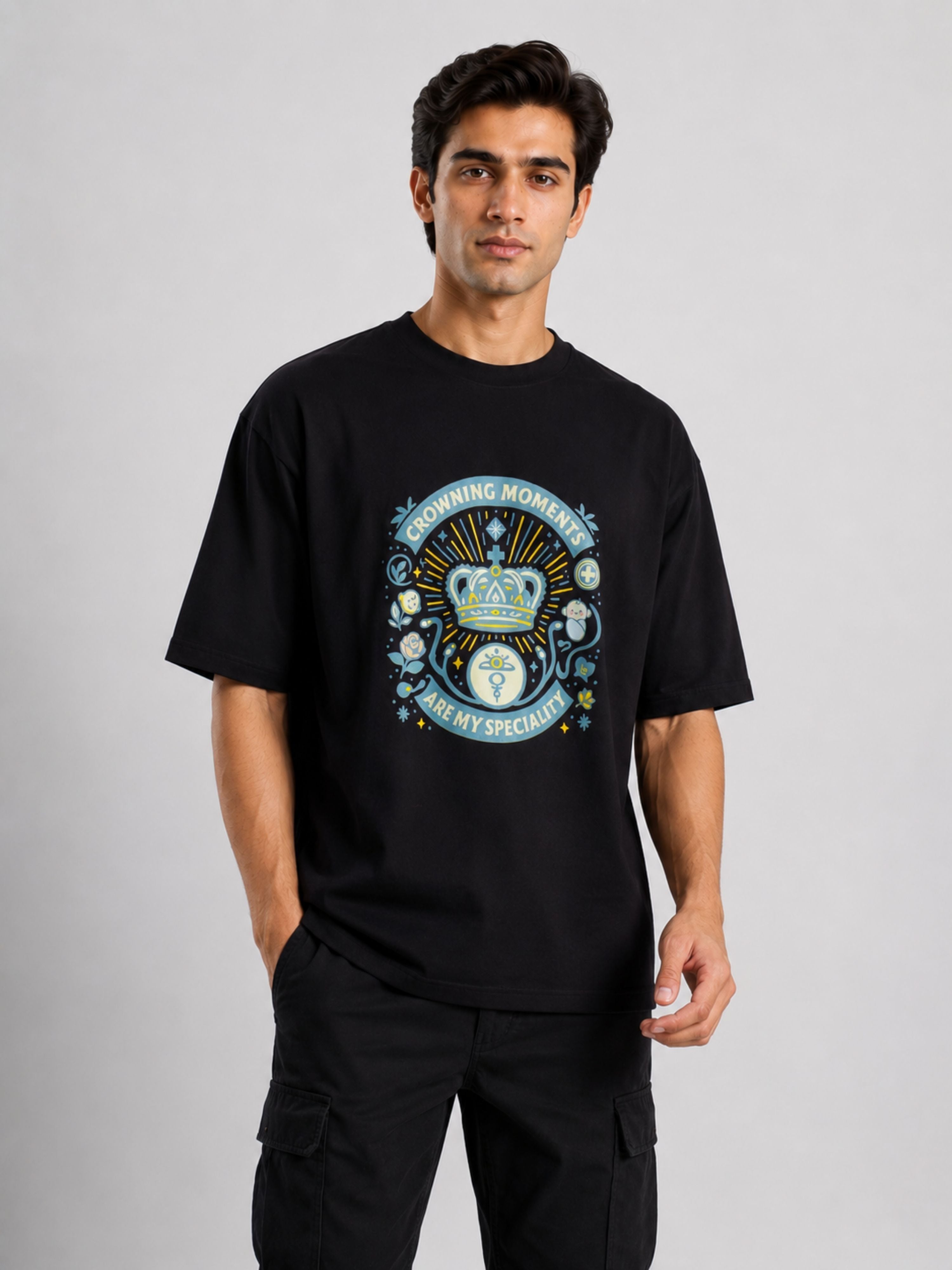 Black oversized fit Gynaecologist Tshirt For Men from Bandar Baant Collections with graphic design
