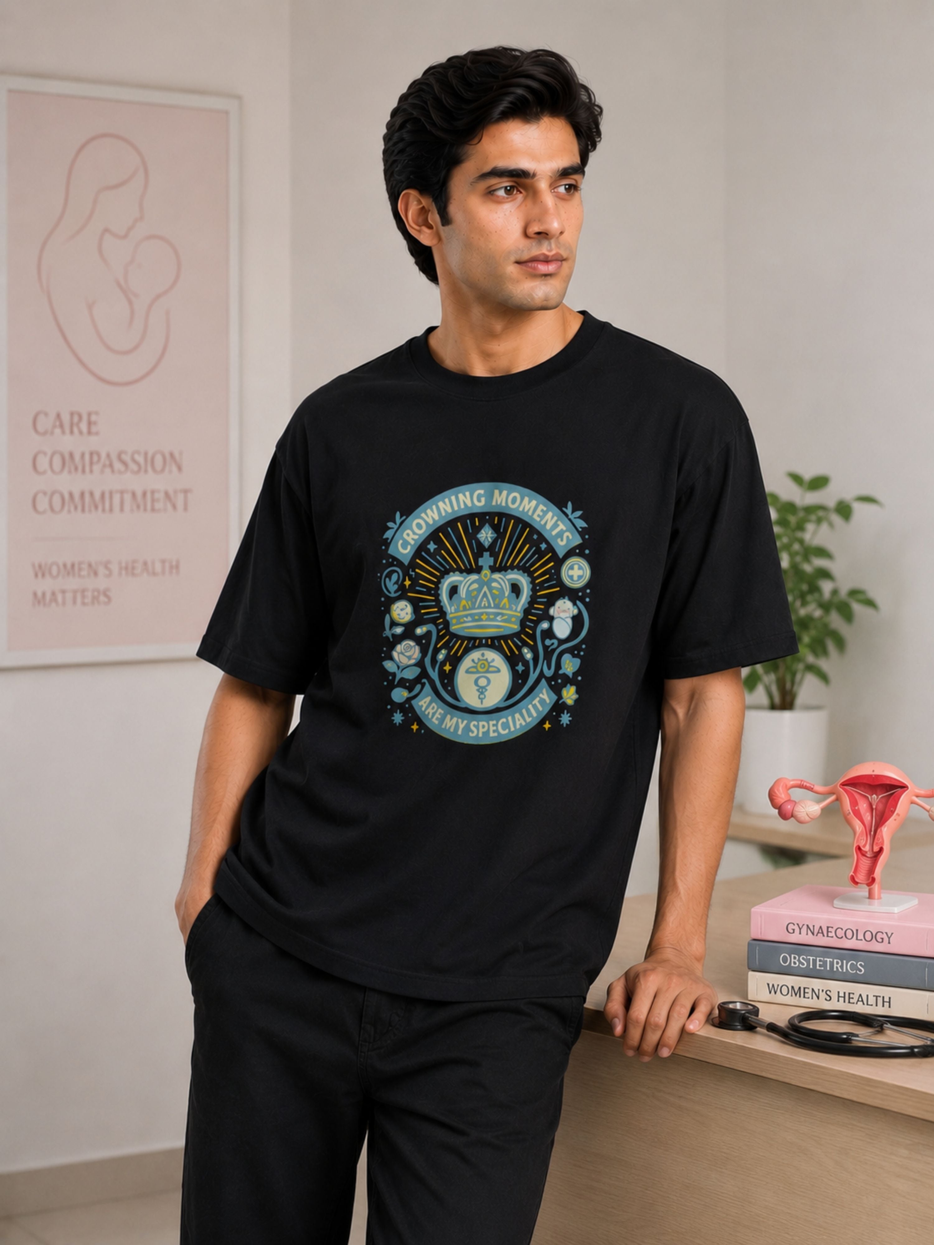 Black oversized fit Gynaecologist Tshirt For Men with maternity and newborn design by Bandar Baant Collections