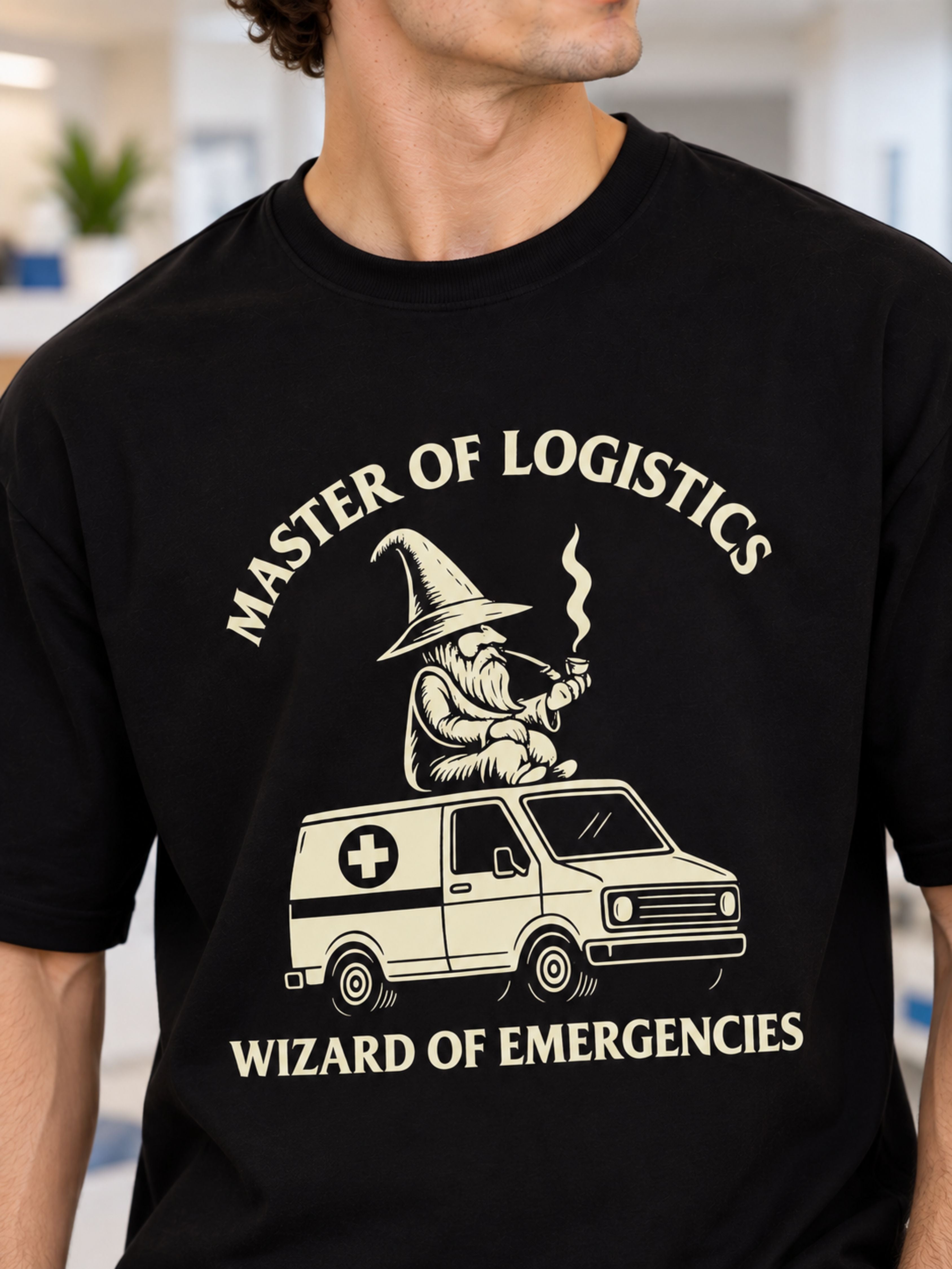 Hospital Administrator Tshirt For Men black oversized fit with wizard and ambulance graphic