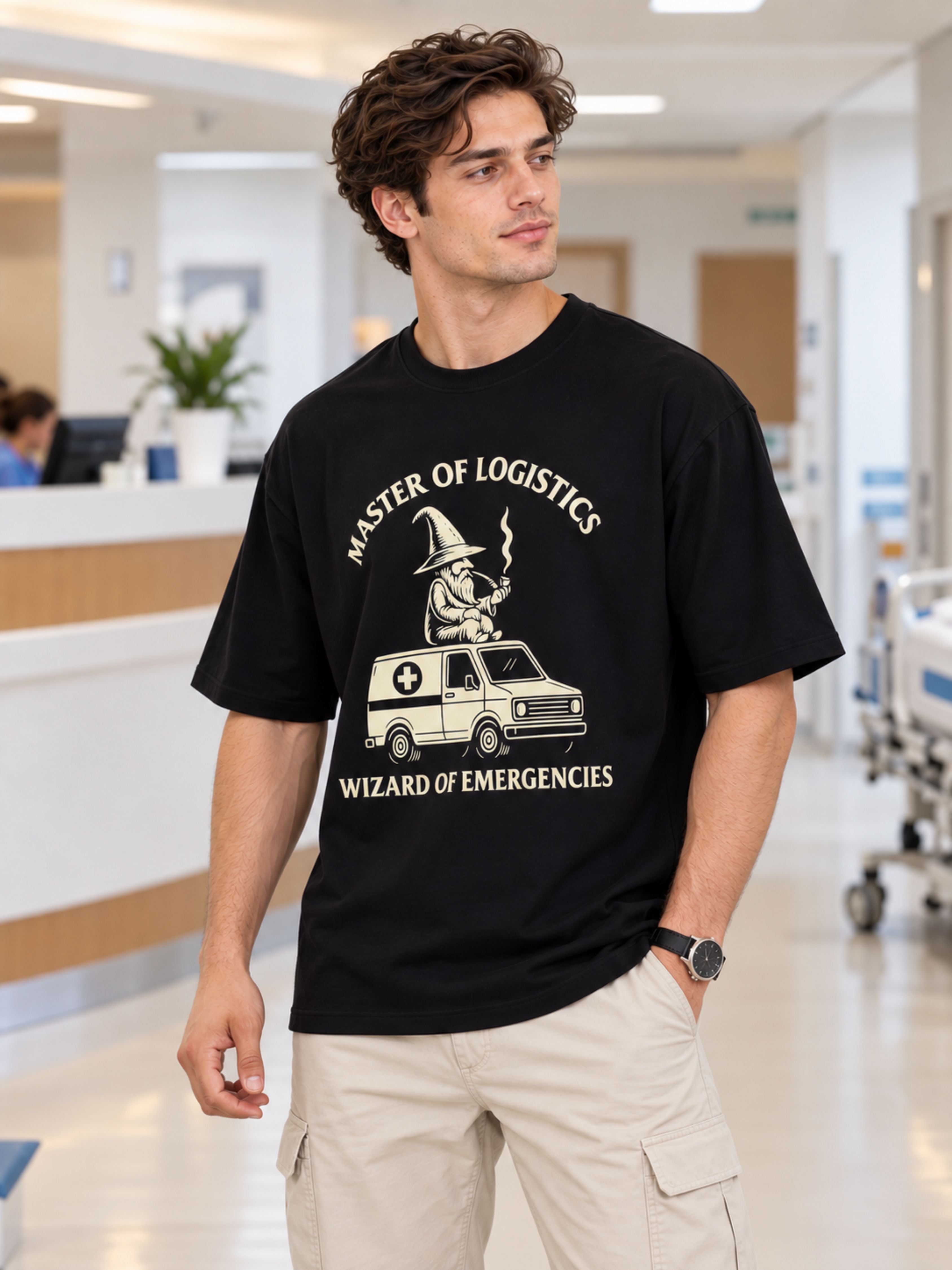 Hospital Administrator Tshirt For Men oversized fit black with wizard ambulance graphic by Bandar Baant Collections