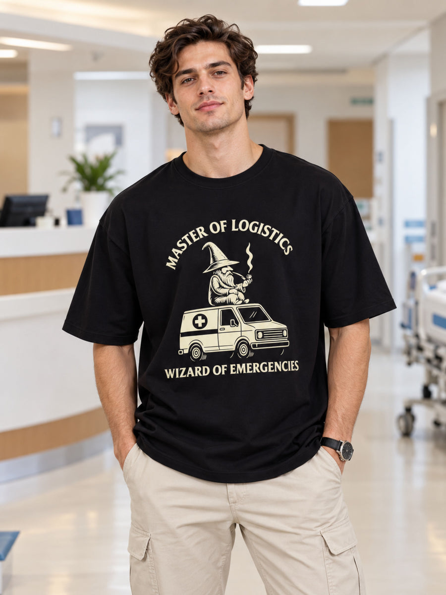 Hospital Administrator Tshirt For Men oversized fit black tee with wizard ambulance design