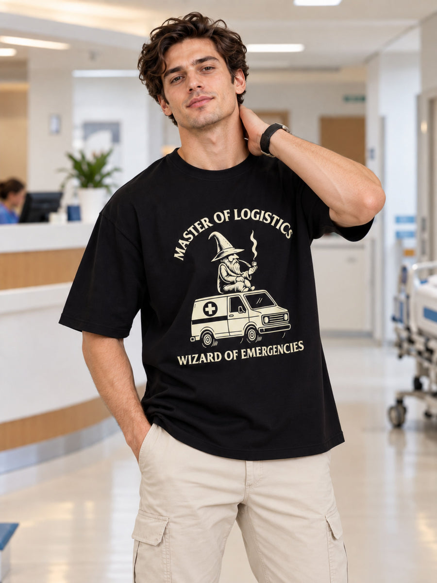 Bandar Baant Collections oversized fit Hospital Administrator Tshirt For Men in black with emergency vehicle print