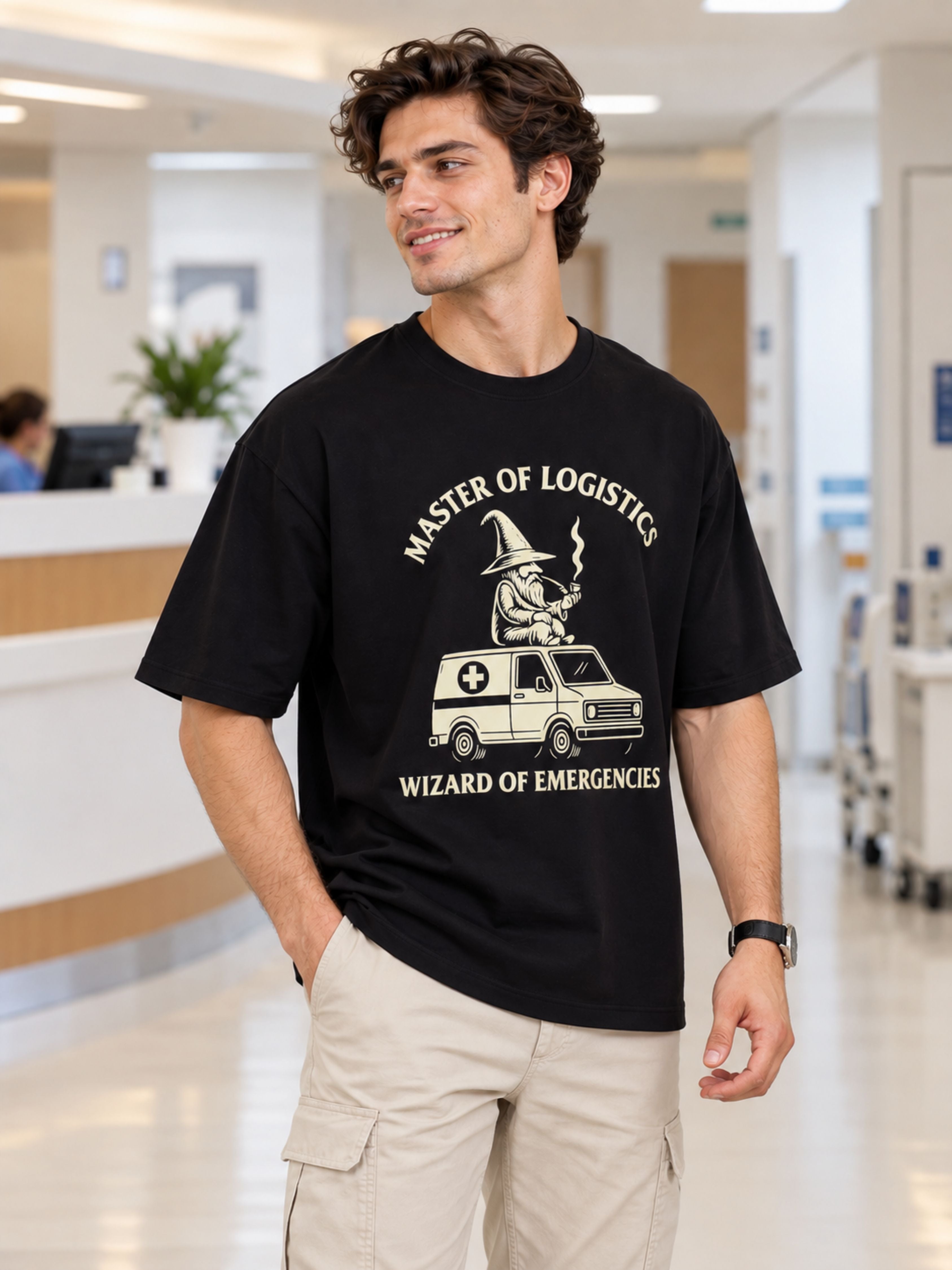 Hospital Administrator Tshirt For Men oversized fit black with wizard and ambulance graphic by Bandar Baant Collections